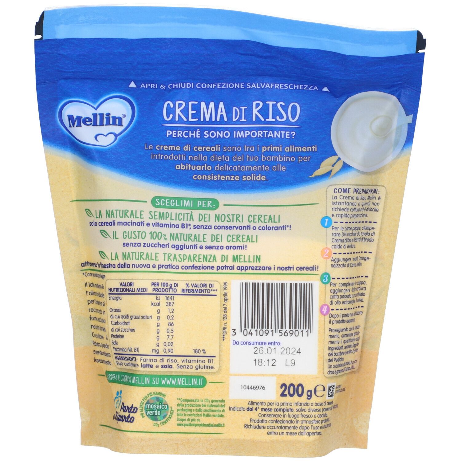 Retro confezione "Mellin Crema di Riso". Testo, logo e codice a barre visibili. Contiene informazioni.