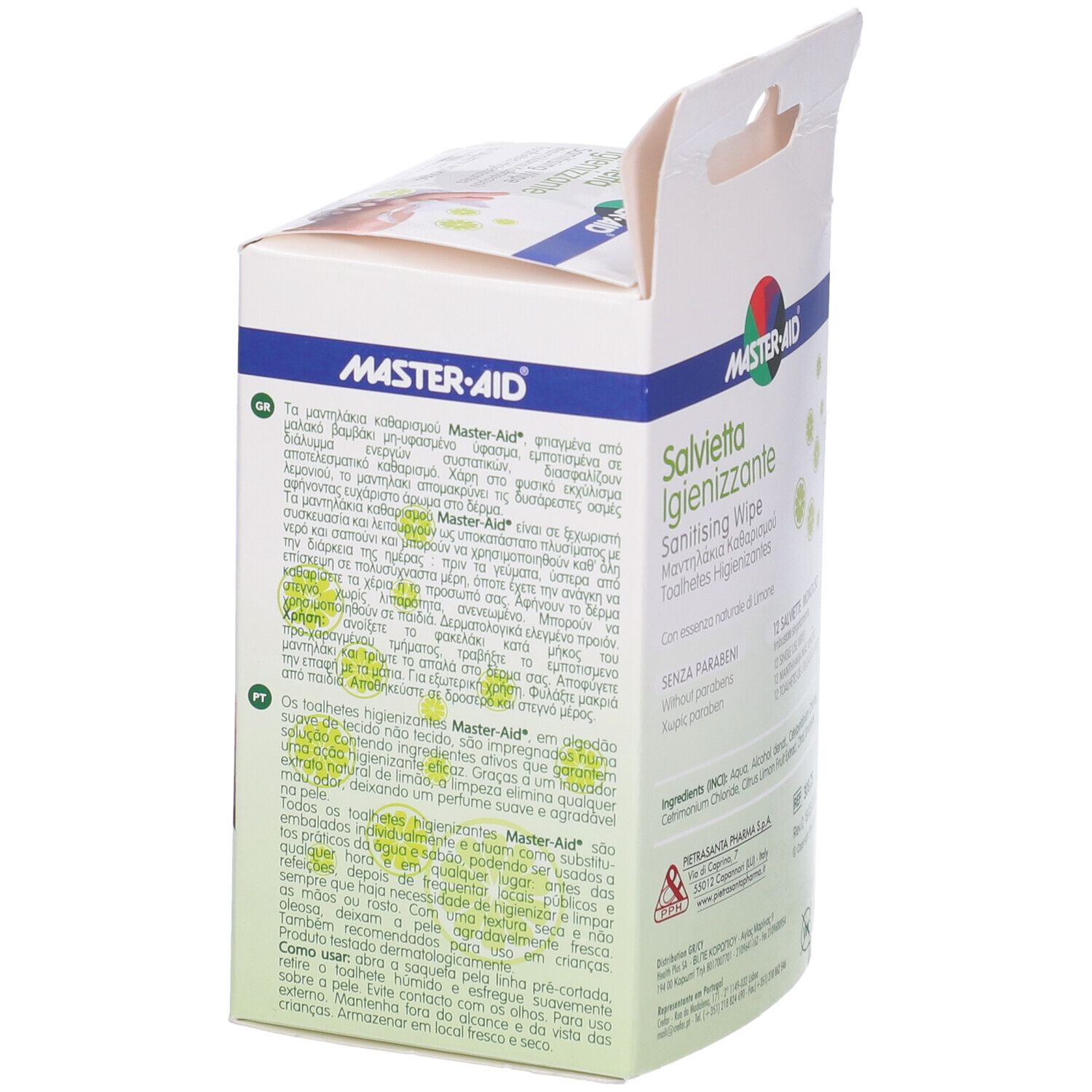 Retro confezione Master-Aid Savietta Igienizzante. Testo e logo. Scritta: 12 Salviette Monouso.