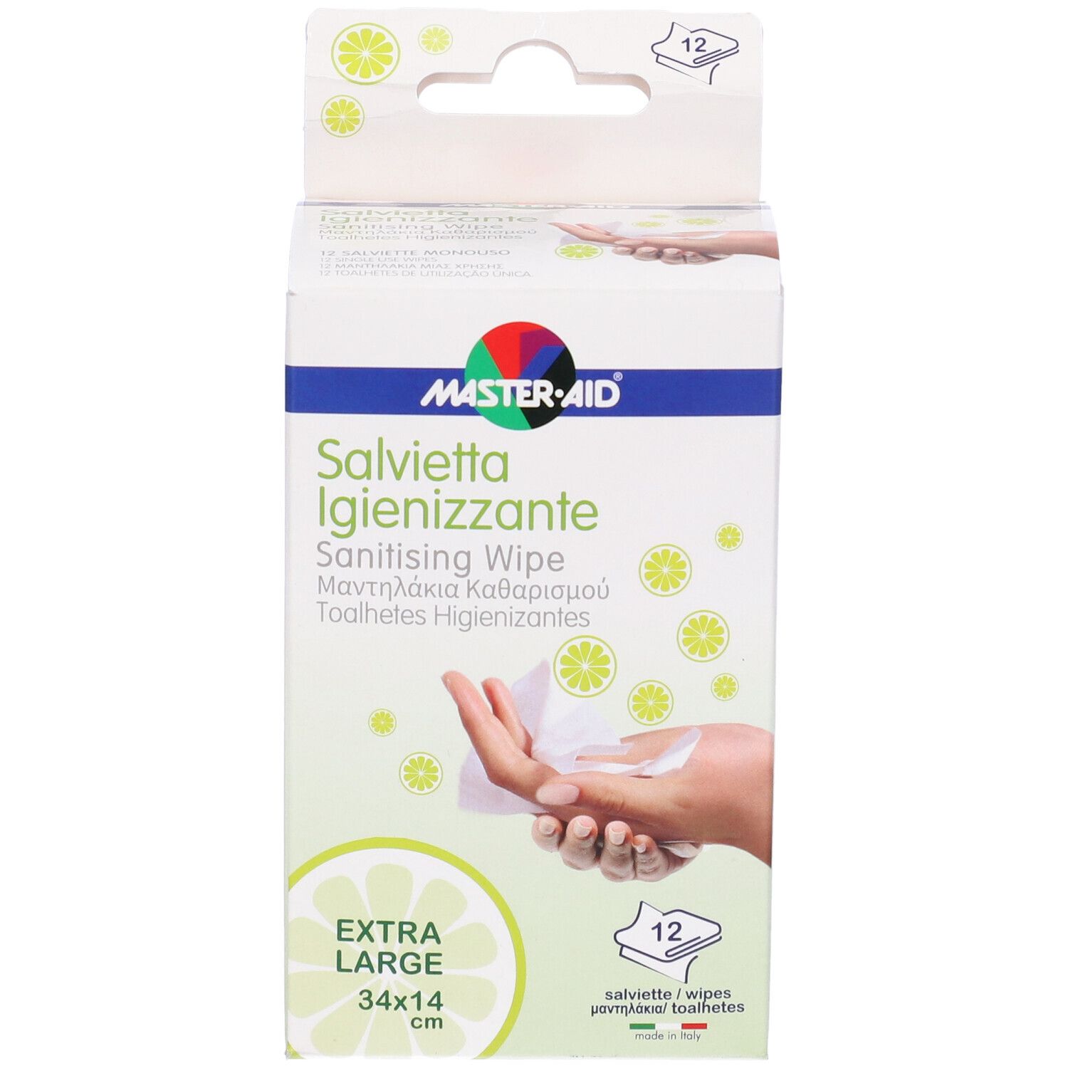 Confezione Master-Aid Savietta Igienizzante. Scritta: Extra Large 34x14 cm, 12 salviette. Immagine di una mano.