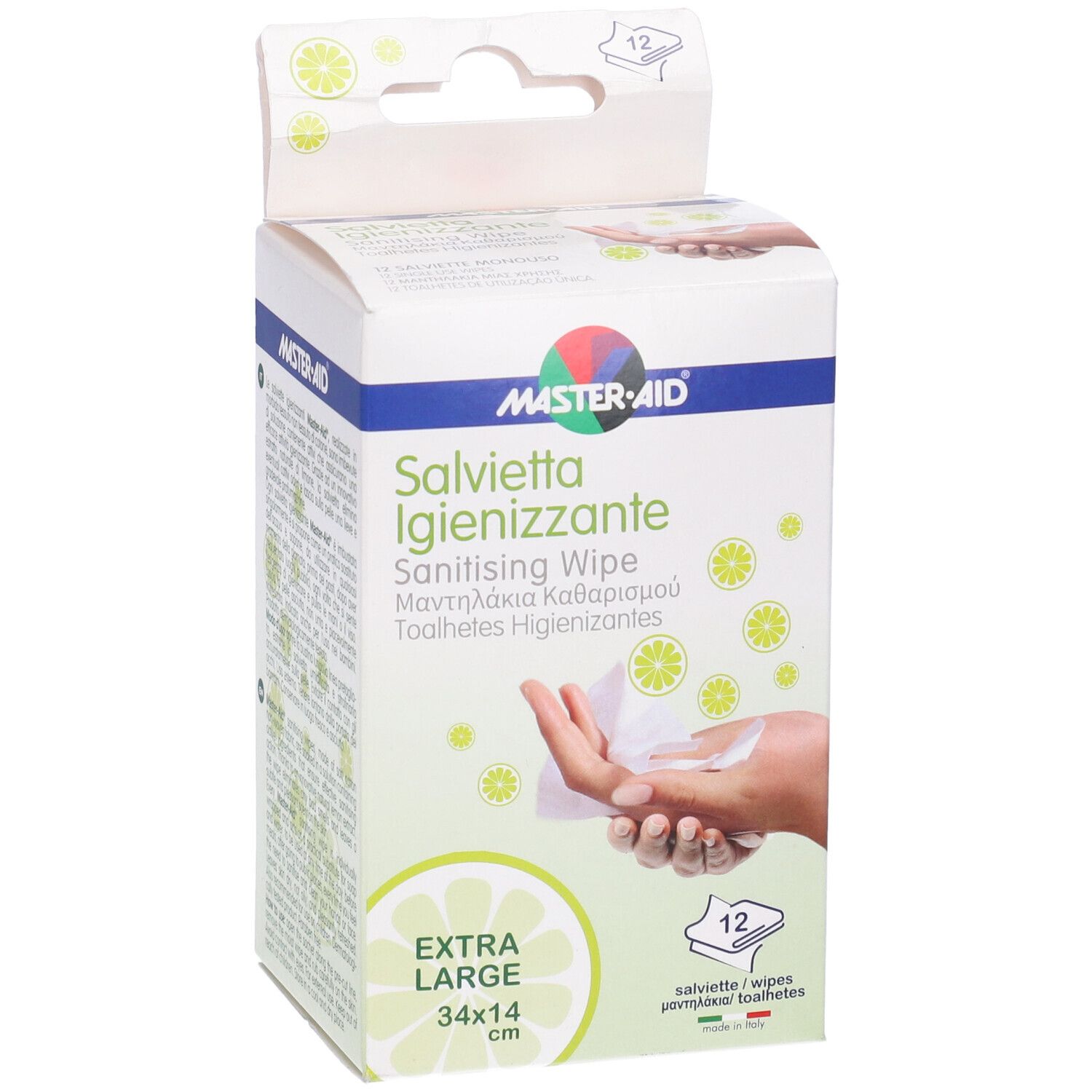 Confezione Master-Aid Savietta Igienizzante. Scritta: Extra Large 34x14 cm, 12 salviette. Immagine di una mano.
