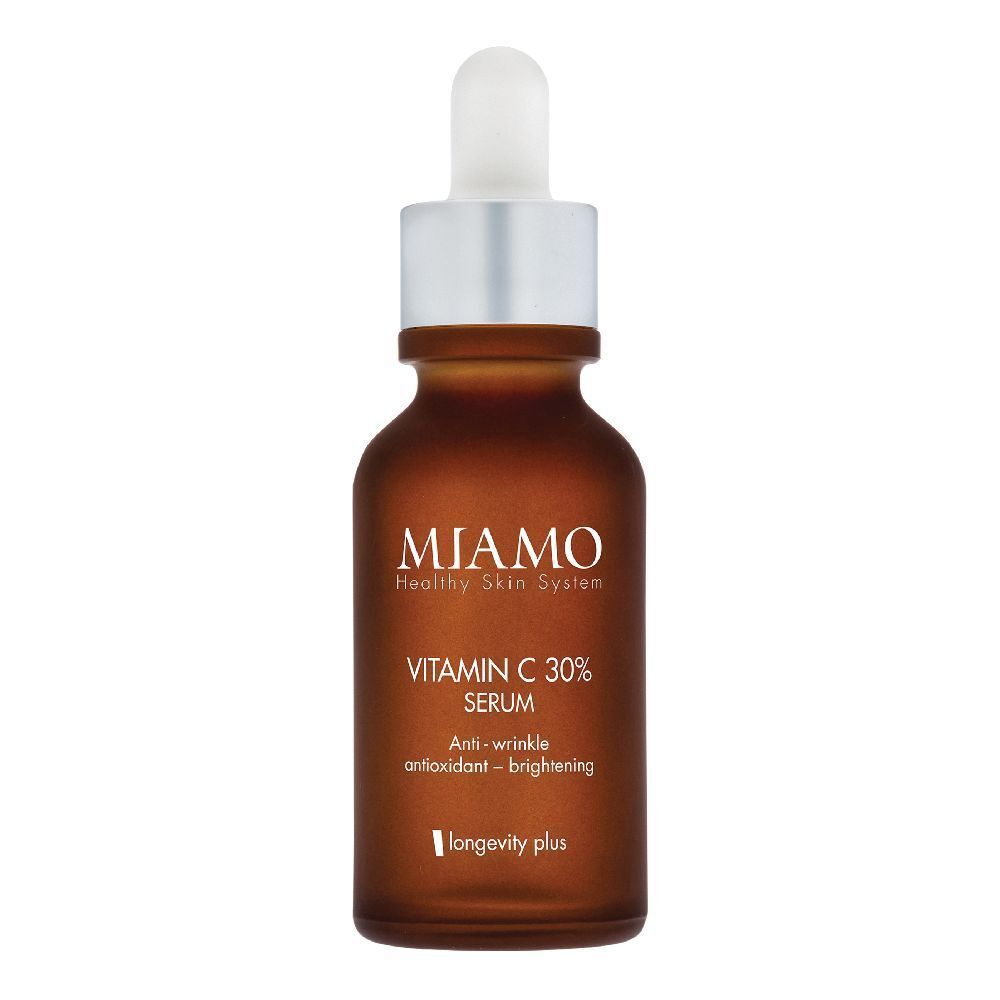 Flacone di vetro marrone con pipetta. Scritta: MIAMO, Vitamin C 30% Serum. Anti-rughe, antiossidante, illuminante. Marchio: longevity plus.