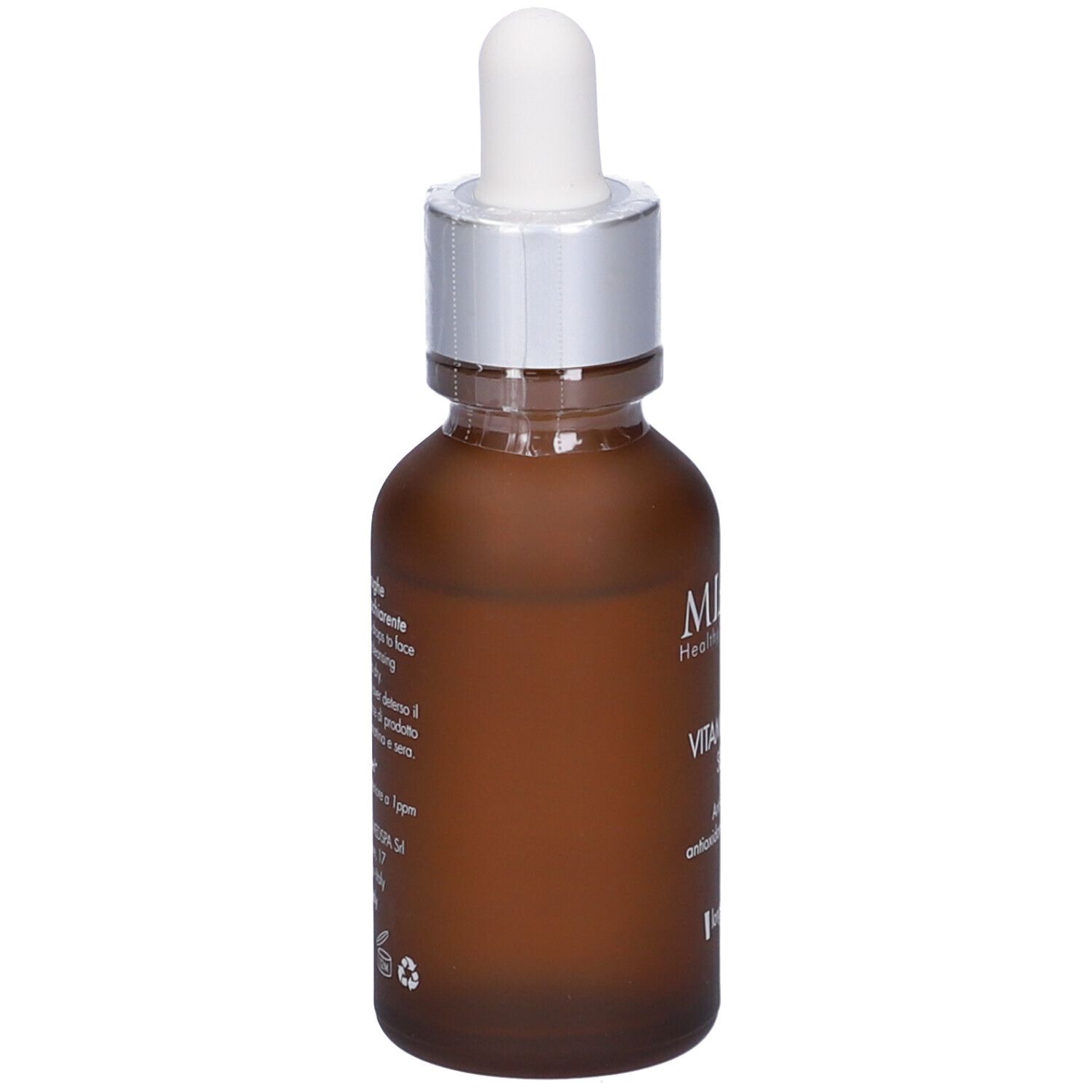 Flacone di vetro marrone con pipetta. Scritta: MIAMO, Vitamin C 30% Serum. Anti-rughe, antiossidante, illuminante. Marchio: longevity plus.