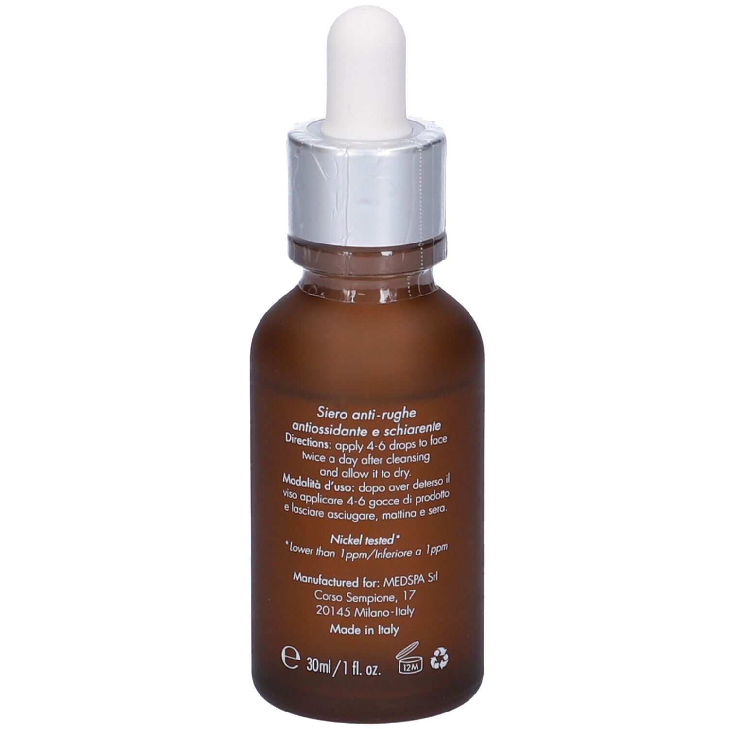 Flacone di vetro marrone con pipetta. Scritta: MIAMO, Vitamin C 30% Serum. Anti-rughe, antiossidante, illuminante. Marchio: longevity plus.