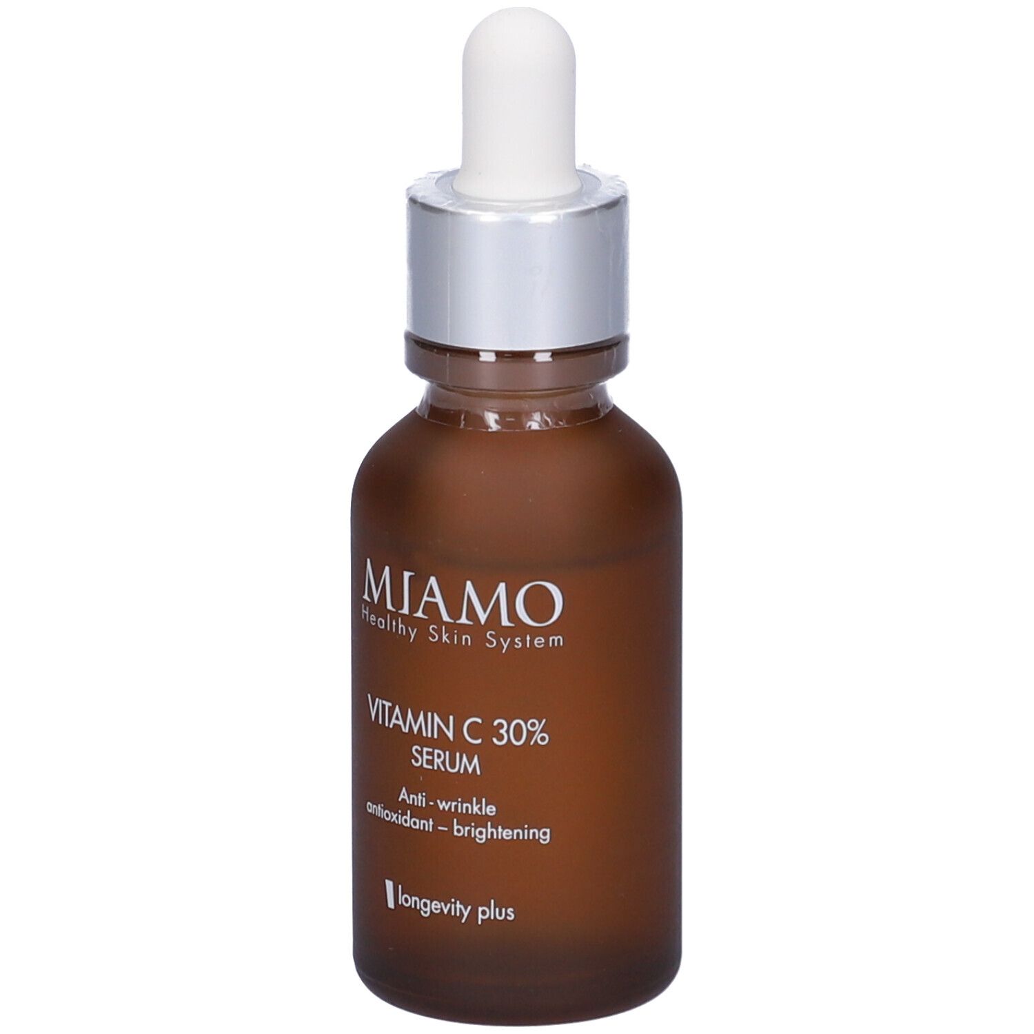 Flacone di vetro marrone con pipetta. Scritta: MIAMO, Vitamin C 30% Serum. Anti-rughe, antiossidante, illuminante. Marchio: longevity plus.