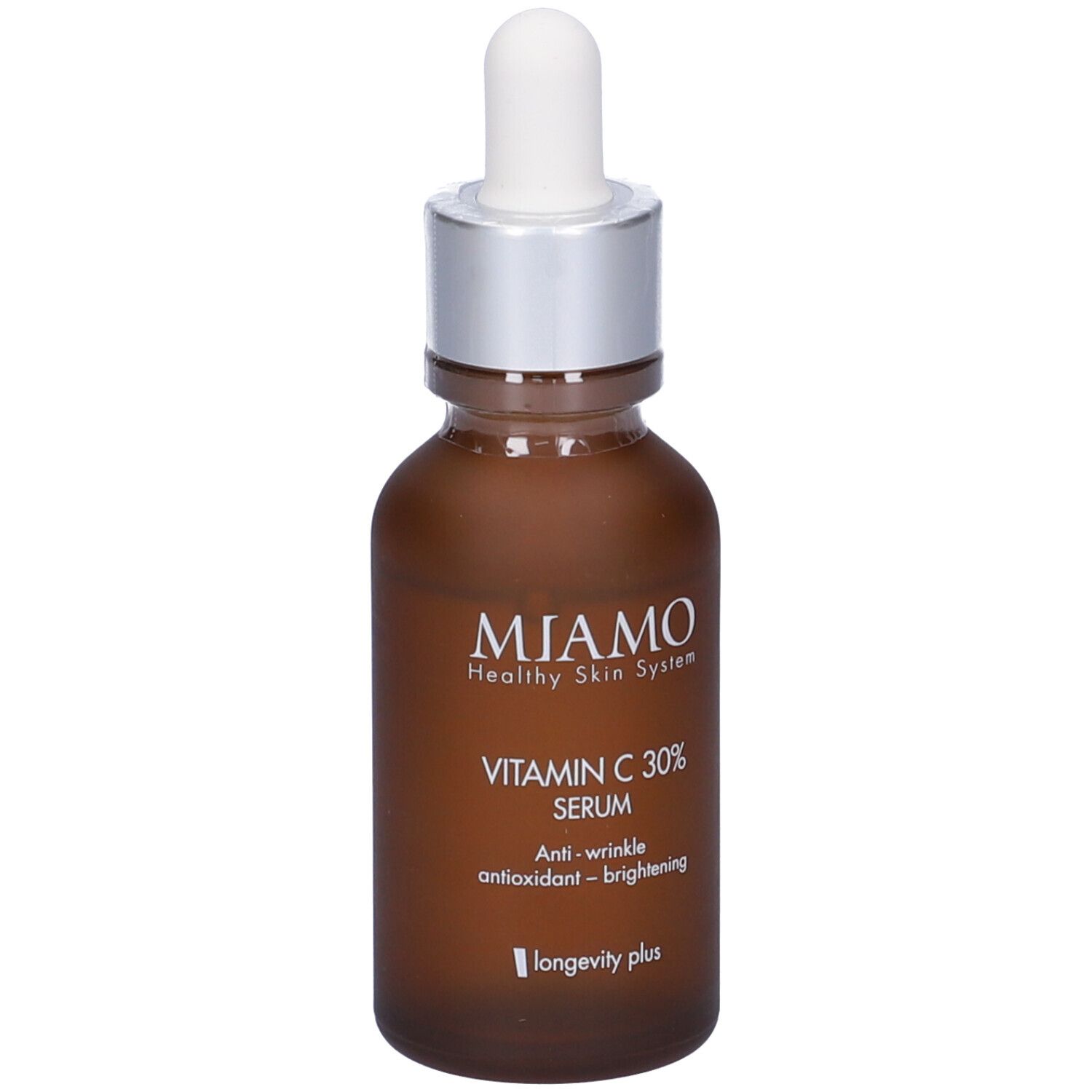 Flacone di vetro marrone con pipetta. Scritta: MIAMO, Vitamin C 30% Serum. Anti-rughe, antiossidante, illuminante. Marchio: longevity plus.