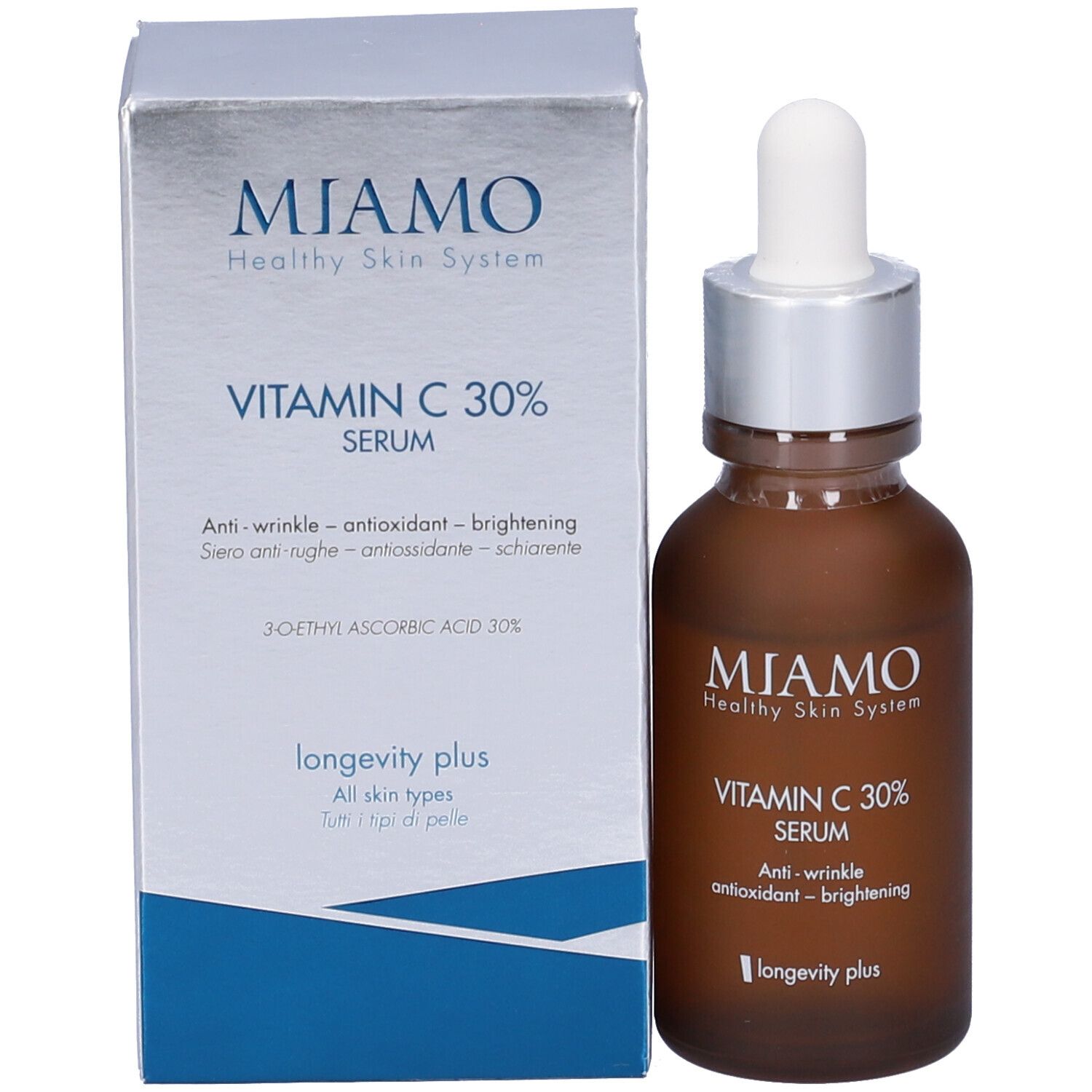 Confezione del prodotto. Scatola con scritta: MIAMO, Vitamin C 30% Serum. Anti-rughe, antiossidante, illuminante. Marchio: longevity plus.