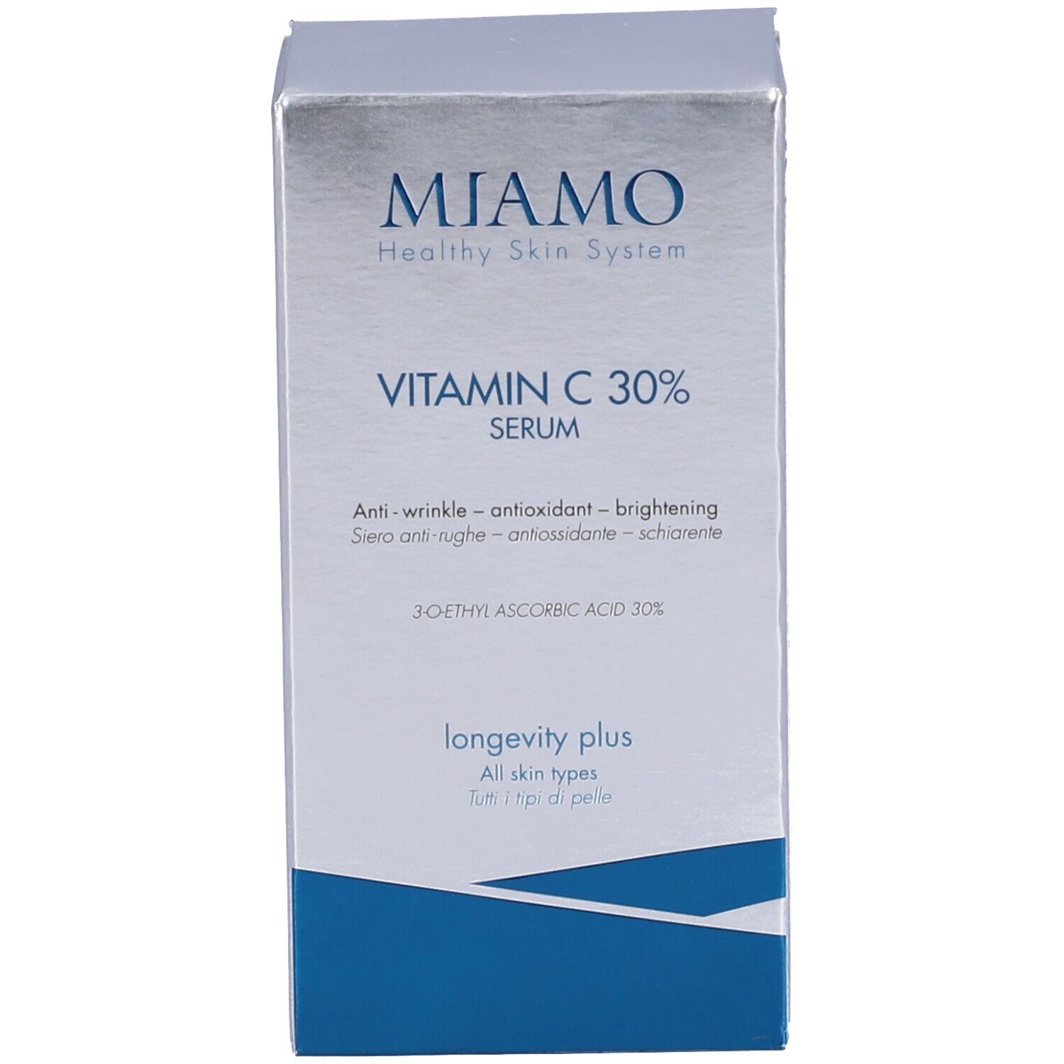 Confezione del prodotto. Scatola con scritta: MIAMO, Vitamin C 30% Serum. Anti-rughe, antiossidante, illuminante. Marchio: longevity plus.