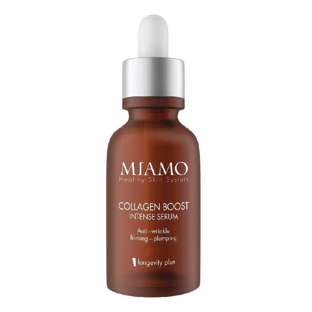 Flacone di vetro marrone con tappo argento e pipetta. Scritta: Collagen Boost Intense Serum. Anti-rughe, rassodante.