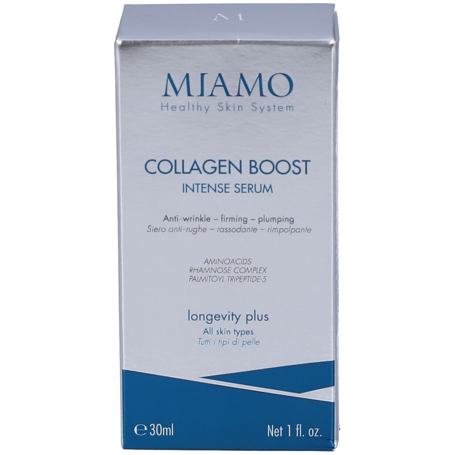Confezione argentata con informazioni sul prodotto. Scritta: Collagen Boost Intense Serum. Contiene aminoacidi e peptidi.
