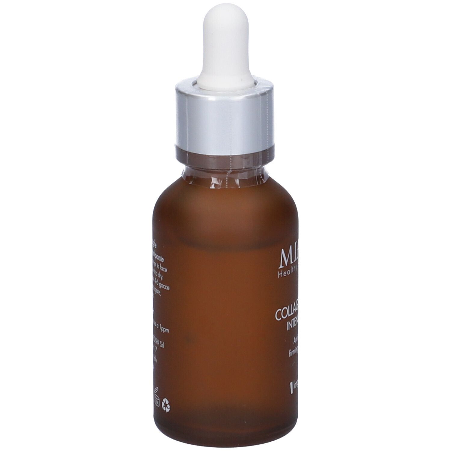 Flacone di vetro marrone con tappo argento e pipetta. Scritta: Collagen Boost Intense Serum. Retro con informazioni.