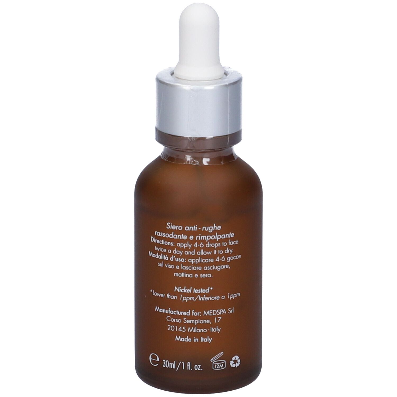 Flacone di vetro marrone con tappo argento e pipetta. Scritta: Collagen Boost Intense Serum. Istruzioni per l'uso sul retro.