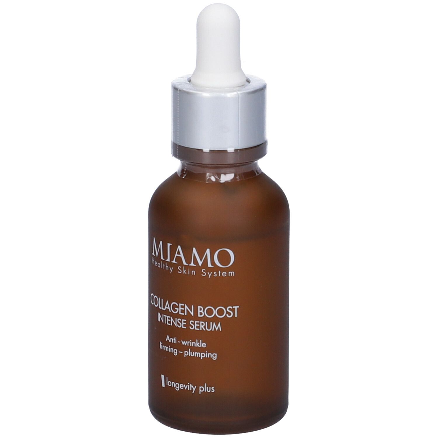 Flacone di vetro marrone con tappo argento e pipetta. Scritta: Collagen Boost Intense Serum. Vista frontale.