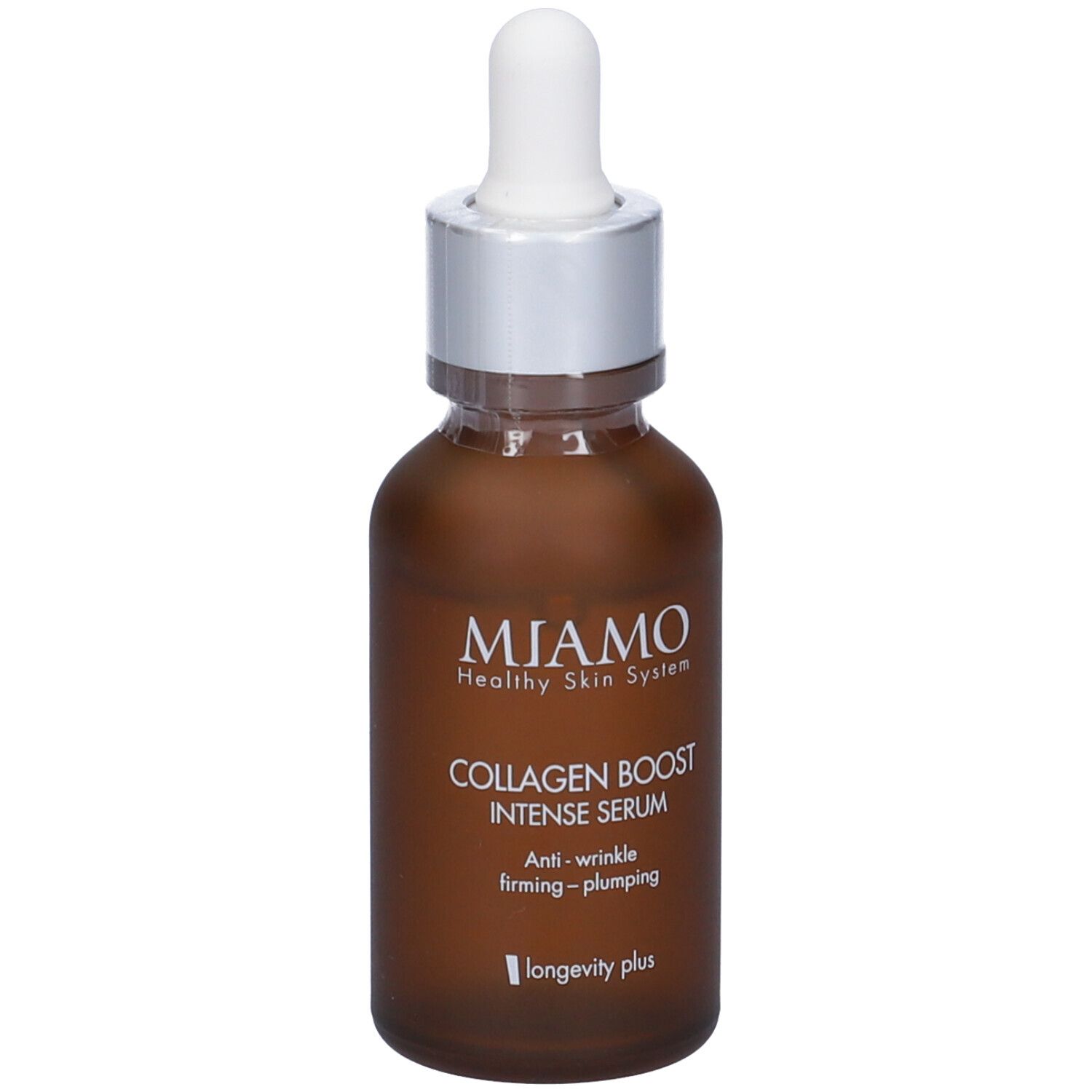Flacone di vetro marrone con tappo argento e pipetta. Scritta: Collagen Boost Intense Serum. Vista frontale.