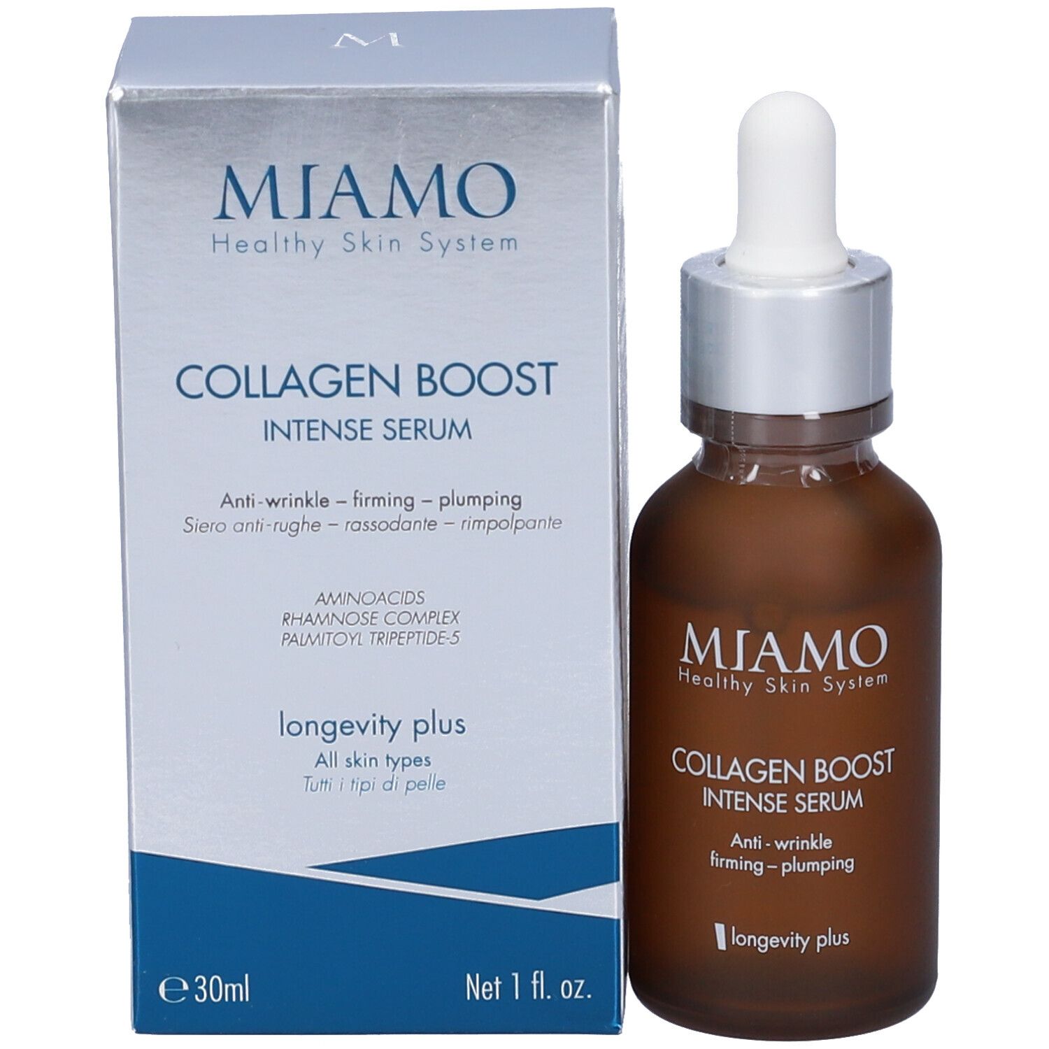 Flacone di vetro marrone e confezione argentata. Scritta: Collagen Boost Intense Serum. Anti-rughe, rassodante. Con pipetta.