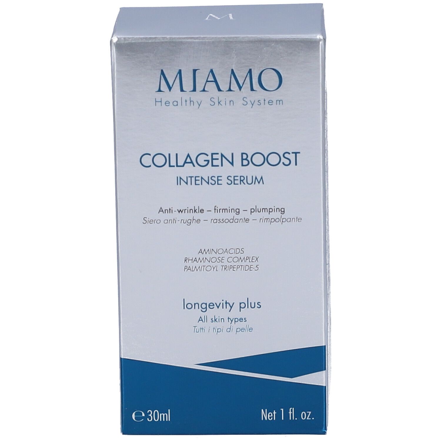 Confezione argentata con informazioni sul prodotto. Scritta: Collagen Boost Intense Serum. Contiene aminoacidi e peptidi.