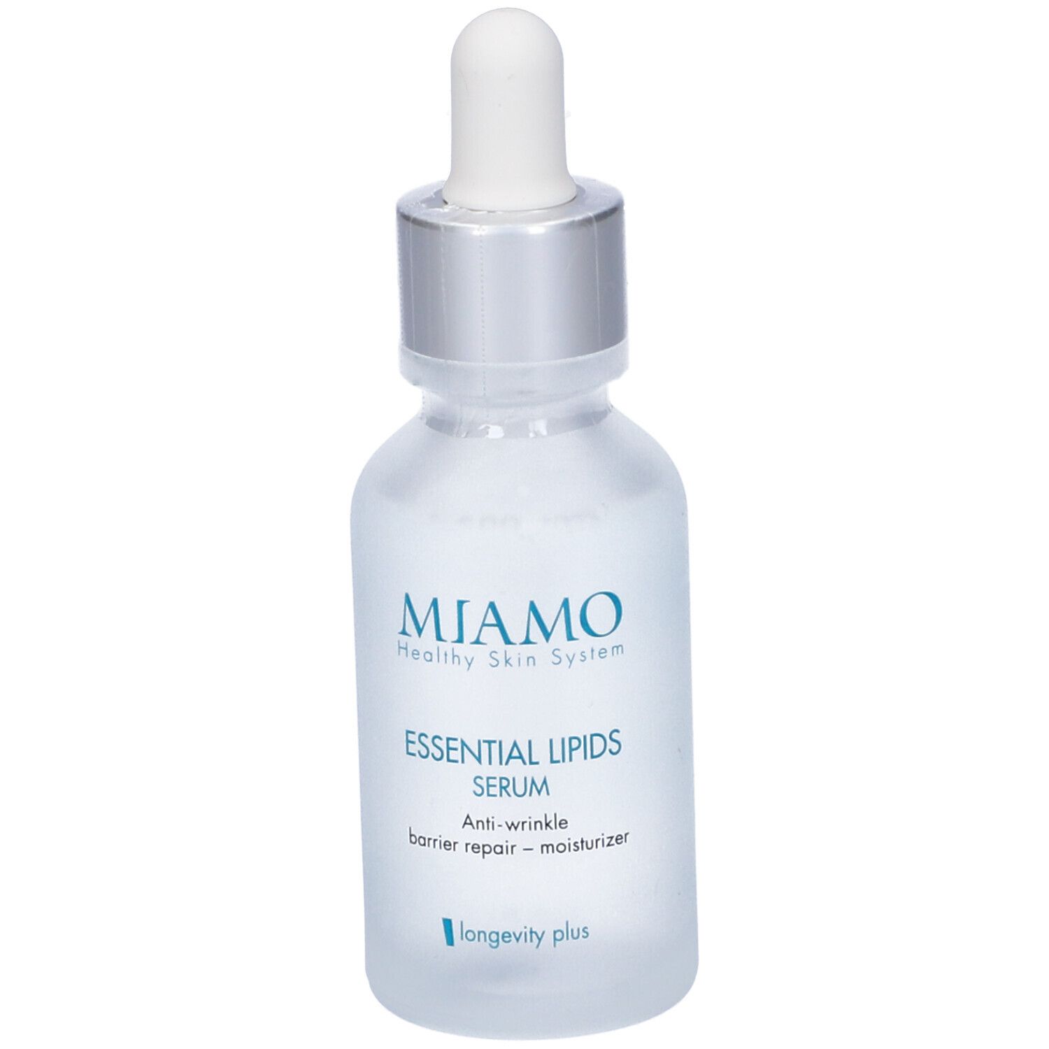 Flacone trasparente con contagocce. Scritta: Miamo, Essential Lipids Serum. Anti-rughe, ripara la barriera, idratante.