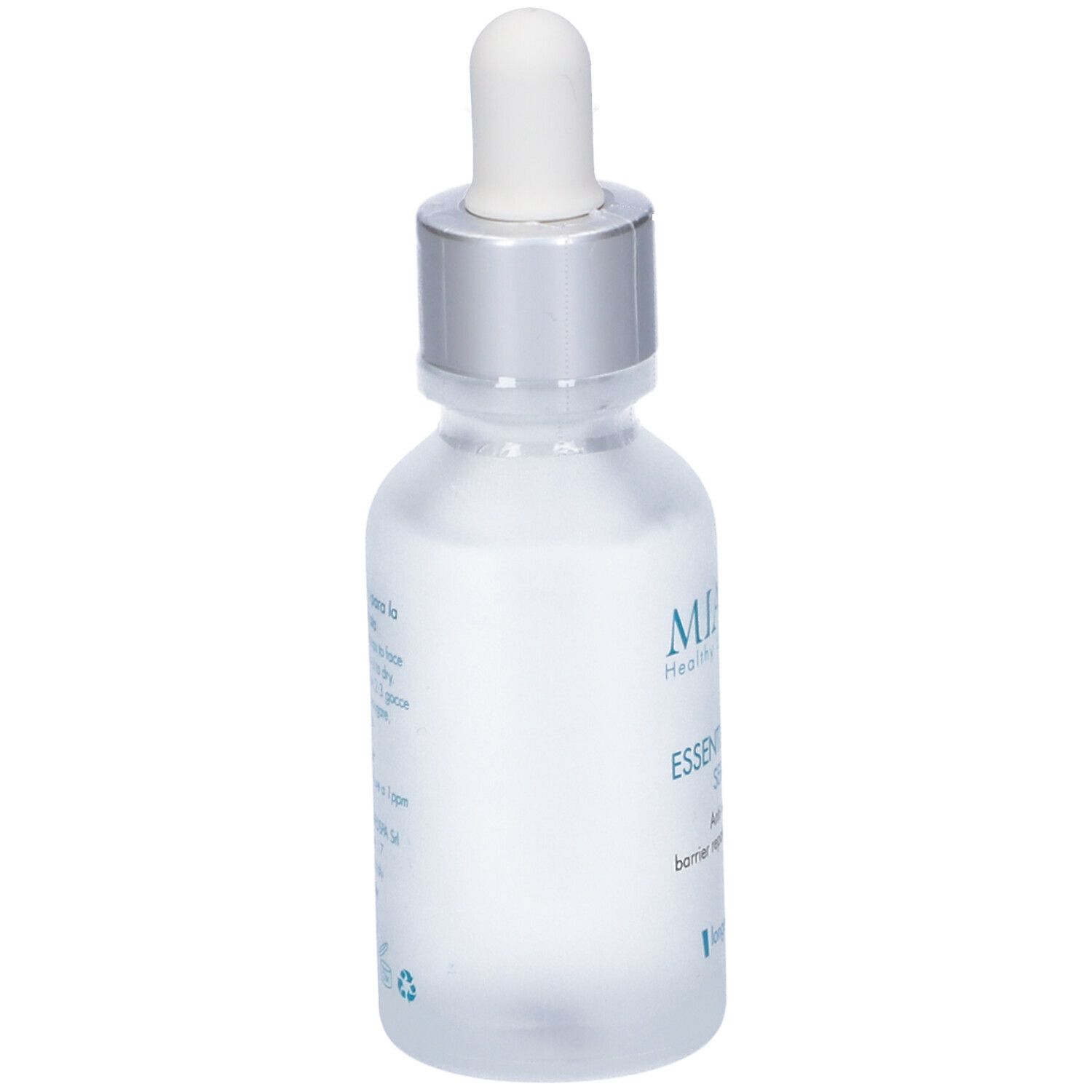 Flacone trasparente con contagocce. Scritta: Miamo, Essential Lipids Serum. Anti-rughe, ripara la barriera, idratante.