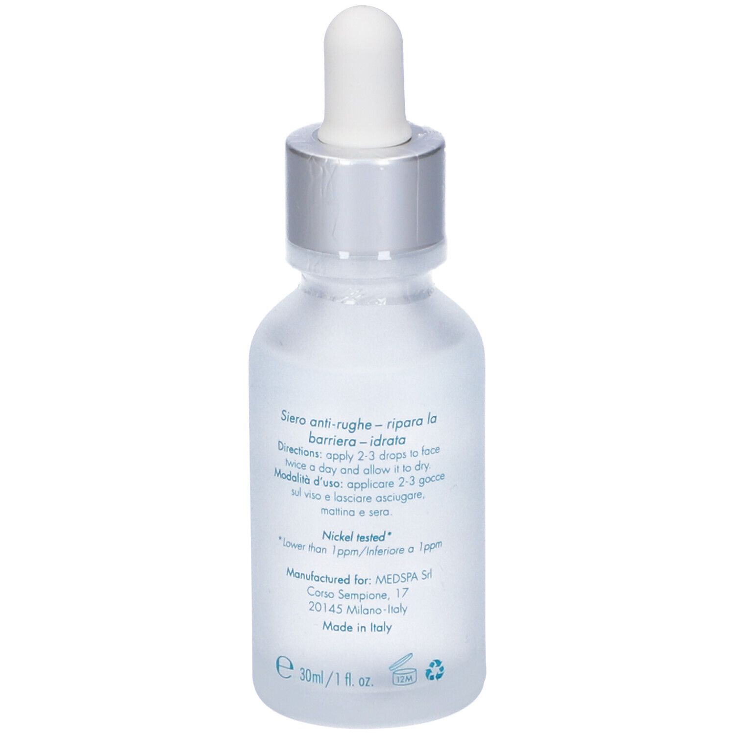 Flacone trasparente con contagocce. Scritta: Miamo, Essential Lipids Serum. Retro con testo. Made in Italy. 30ml/1 fl. oz.