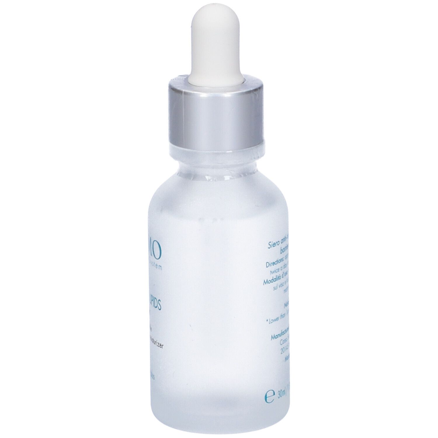 Flacone trasparente con contagocce. Scritta: Miamo, Essential Lipids Serum. Retro con testo. Made in Italy. 30ml/1 fl. oz.