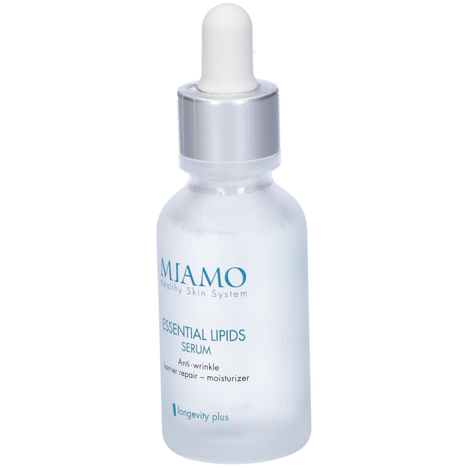 Flacone trasparente con contagocce. Scritta: Miamo, Essential Lipids Serum. Anti-rughe, ripara la barriera, idratante.