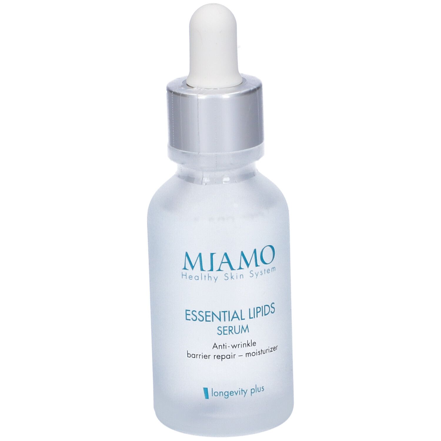 Flacone trasparente con contagocce. Scritta: Miamo, Essential Lipids Serum. Anti-rughe, ripara la barriera, idratante.