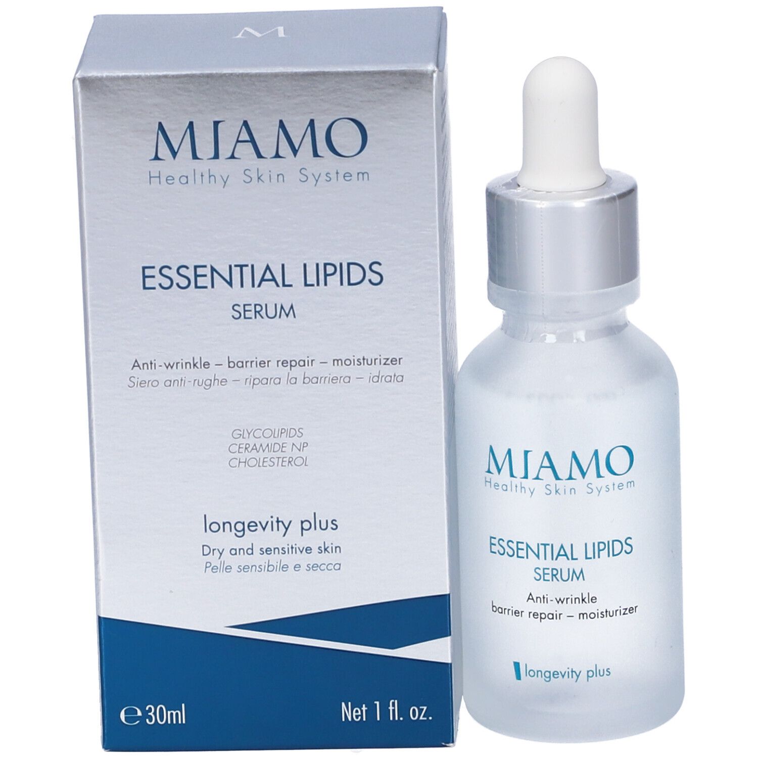 Flacone e scatola del prodotto. Scritta: Miamo, Essential Lipids Serum. Anti-rughe, ripara la barriera, idratante.