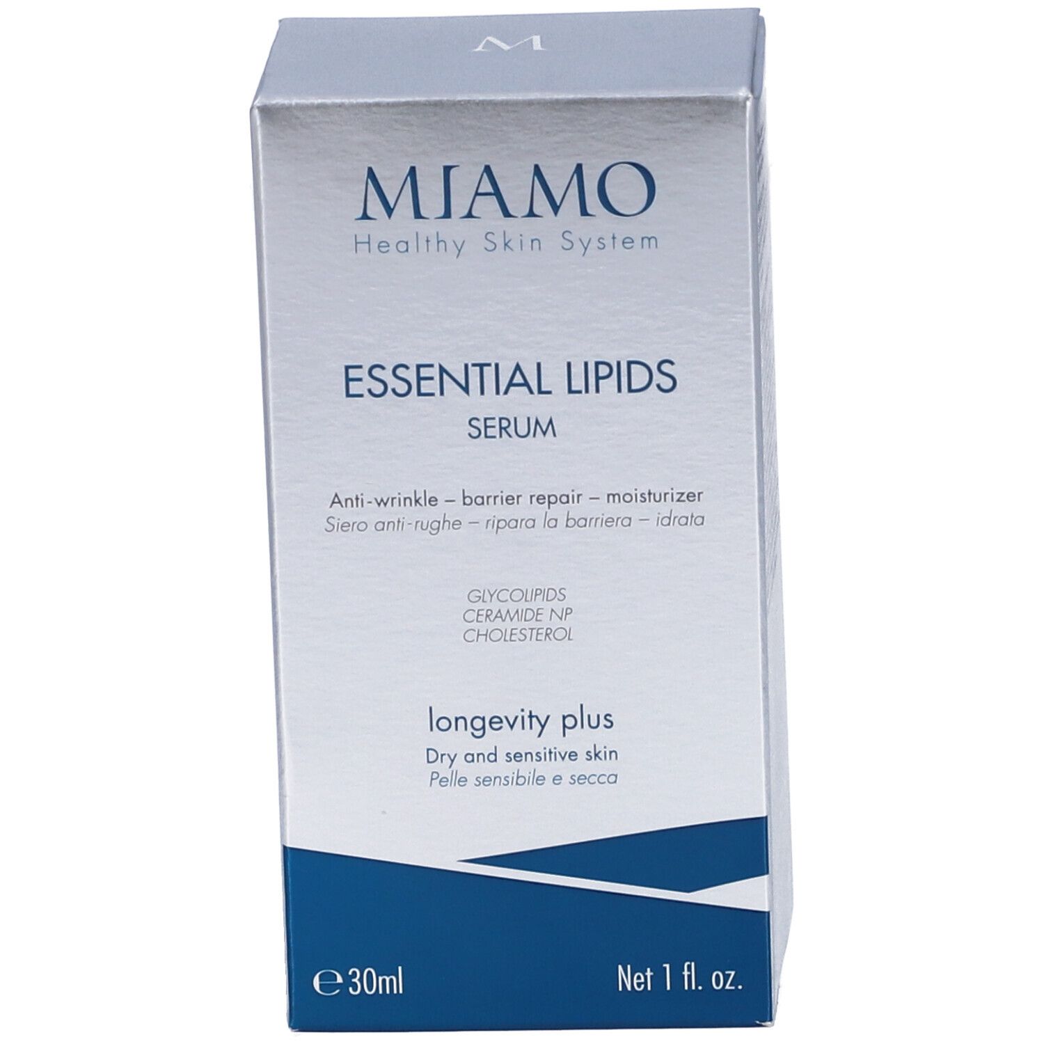 Confezione del prodotto. Scritta: Miamo, Essential Lipids Serum. Anti-rughe, ripara la barriera, idratante. 30ml.