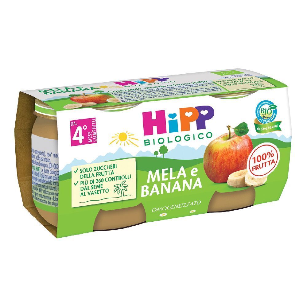HiPP Biologico Mela e Banana. Vasetti in confezione di cartone. Illustrazione mela e banana. Sigillo bio. Testo: 4+ mesi.