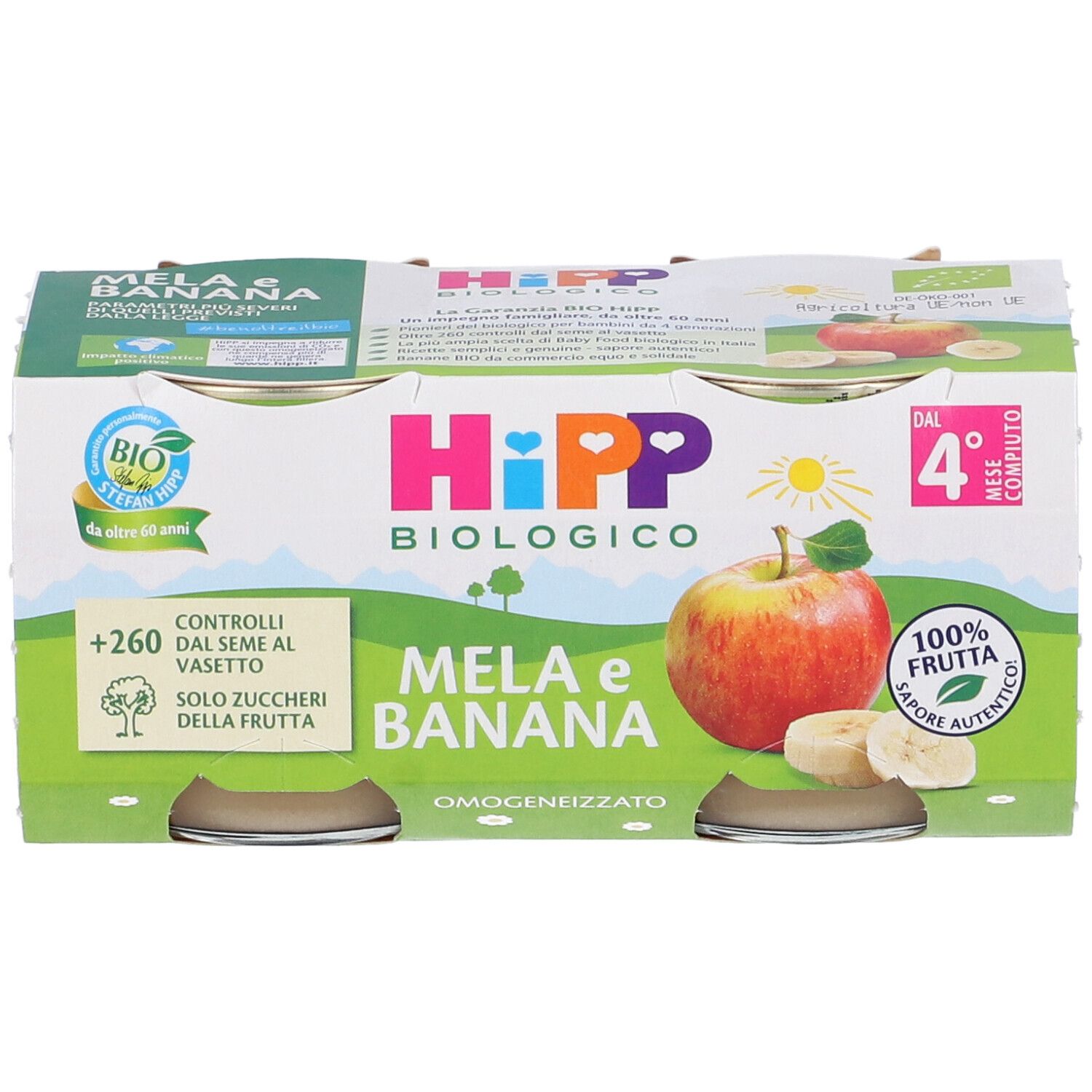 HiPP Biologico Mela e Banana. Confezione di cartone con vasetti. Testo: Omogeneizzato biologico di mela e banana. Sigillo bio. 160g.