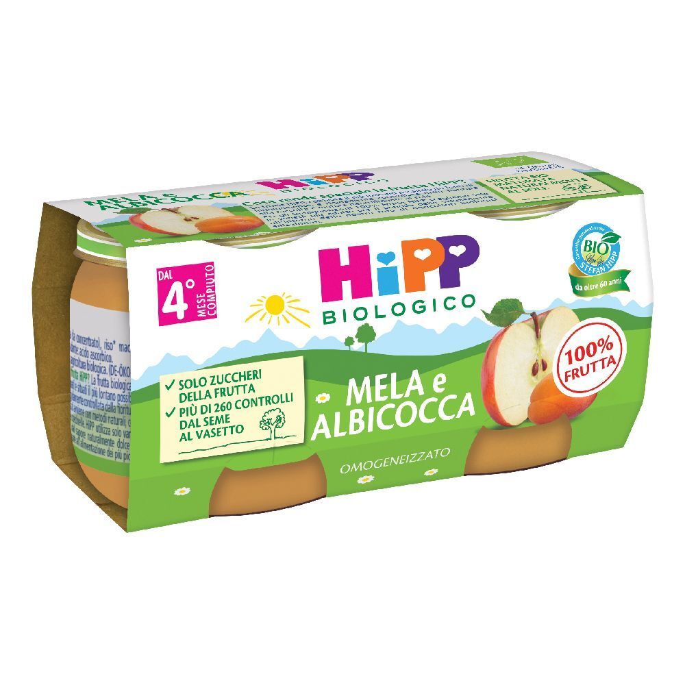 Confezione da quattro vasetti HiPP Biologico Mela e Albicocca. Scritta: 100% Frutta. Sigillo bio.