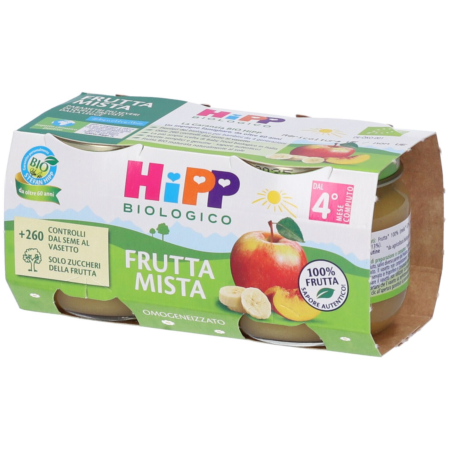 Confezione di 4 vasetti HiPP Biologico Frutta Mista. Marchi: biologico, 100% frutta, dal 4° mese. Aperta.