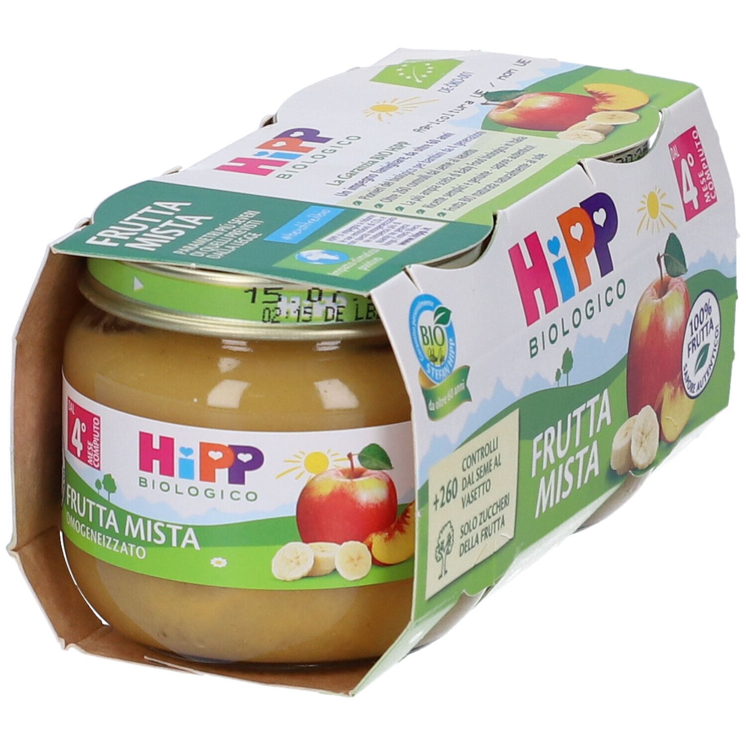 Vasetto HiPP Biologico Frutta Mista. Marchi: biologico, 100% frutta, dal 4° mese. Aperto, contenuto visibile.