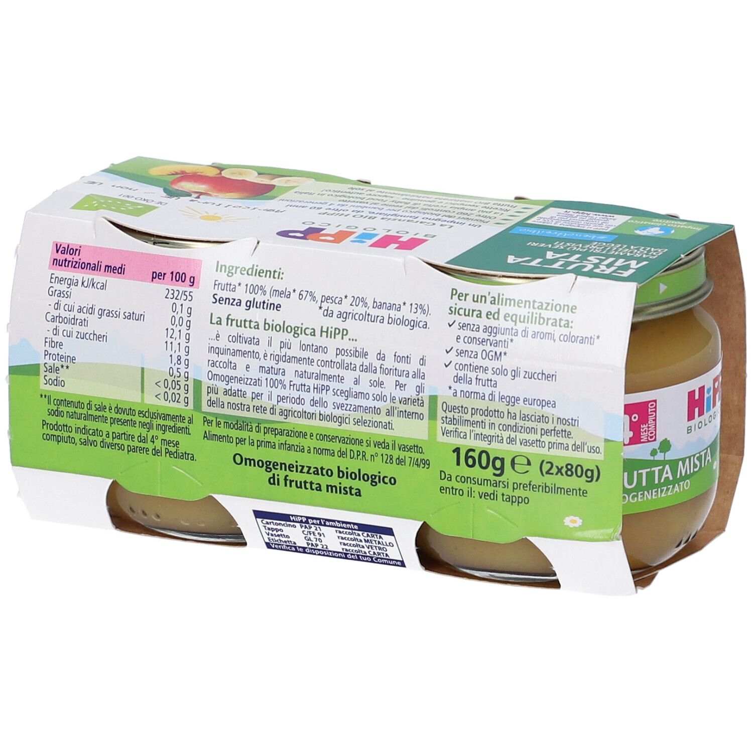Confezione di 2 vasetti HiPP Biologico Frutta Mista. Marchi: biologico, 100% frutta, dal 4° mese. Retro.
