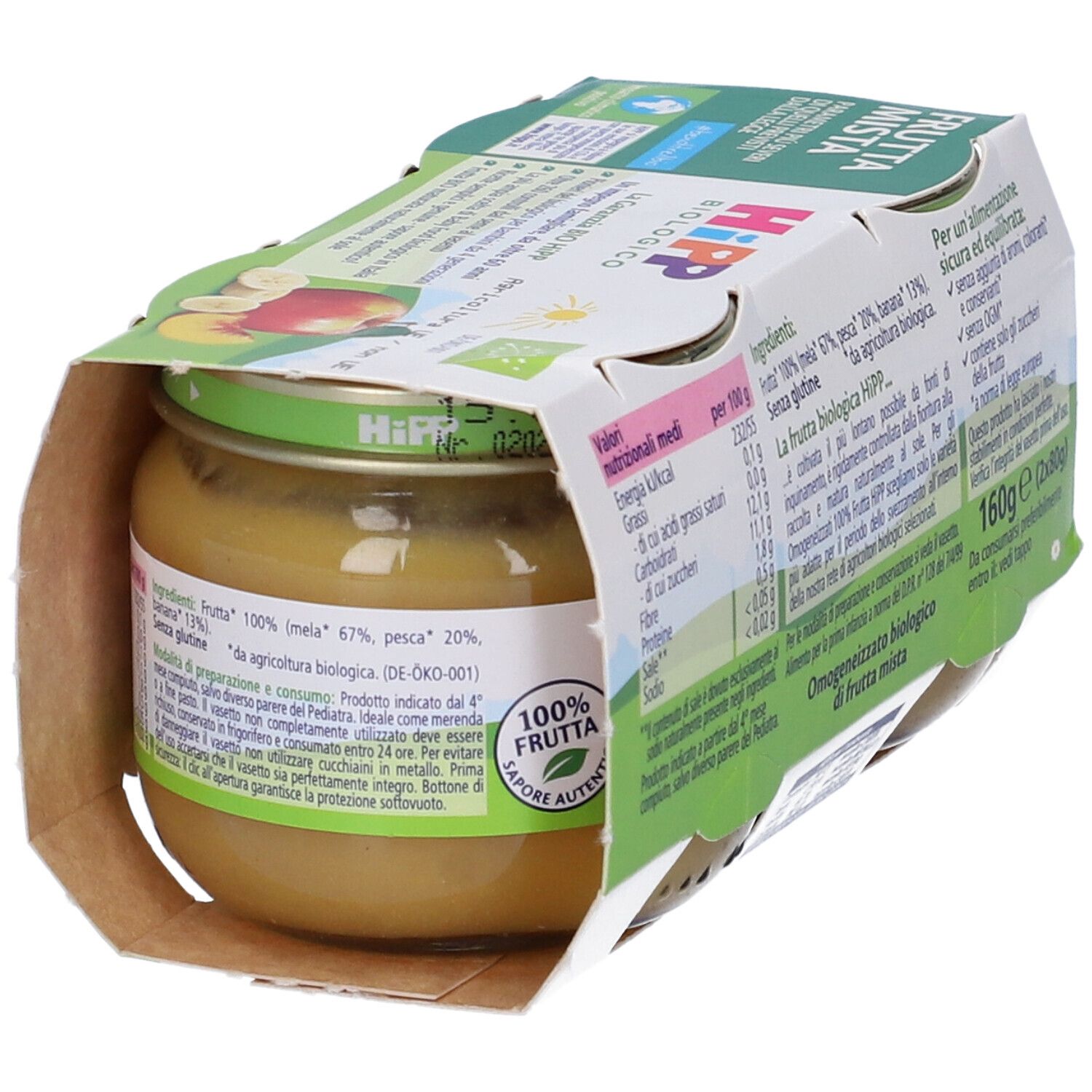Confezione di 2 vasetti HiPP Biologico Frutta Mista. Marchi: biologico, 100% frutta, dal 4° mese. Aperta.
