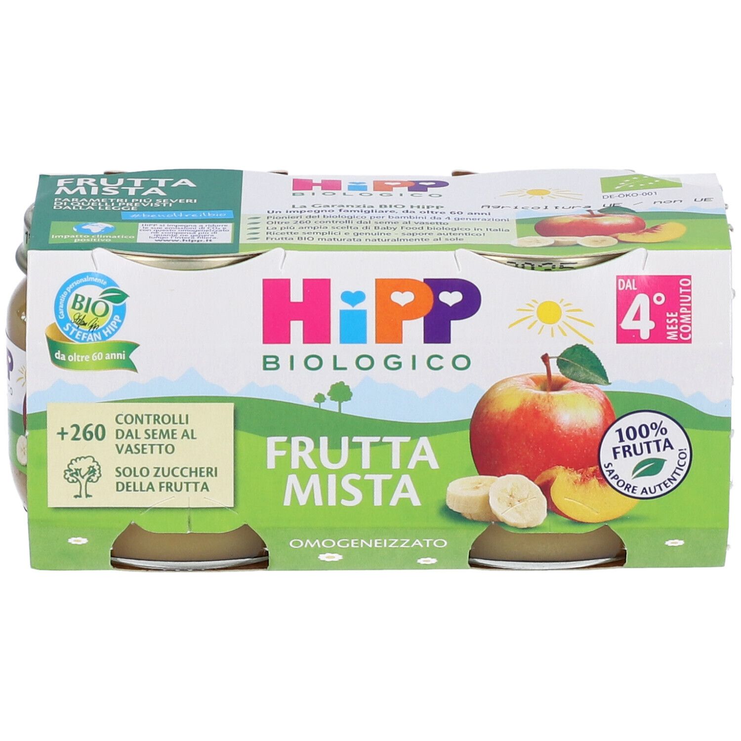 Confezione di 4 vasetti HiPP Biologico Frutta Mista. Marchi: biologico, 100% frutta, dal 4° mese. Aperta.