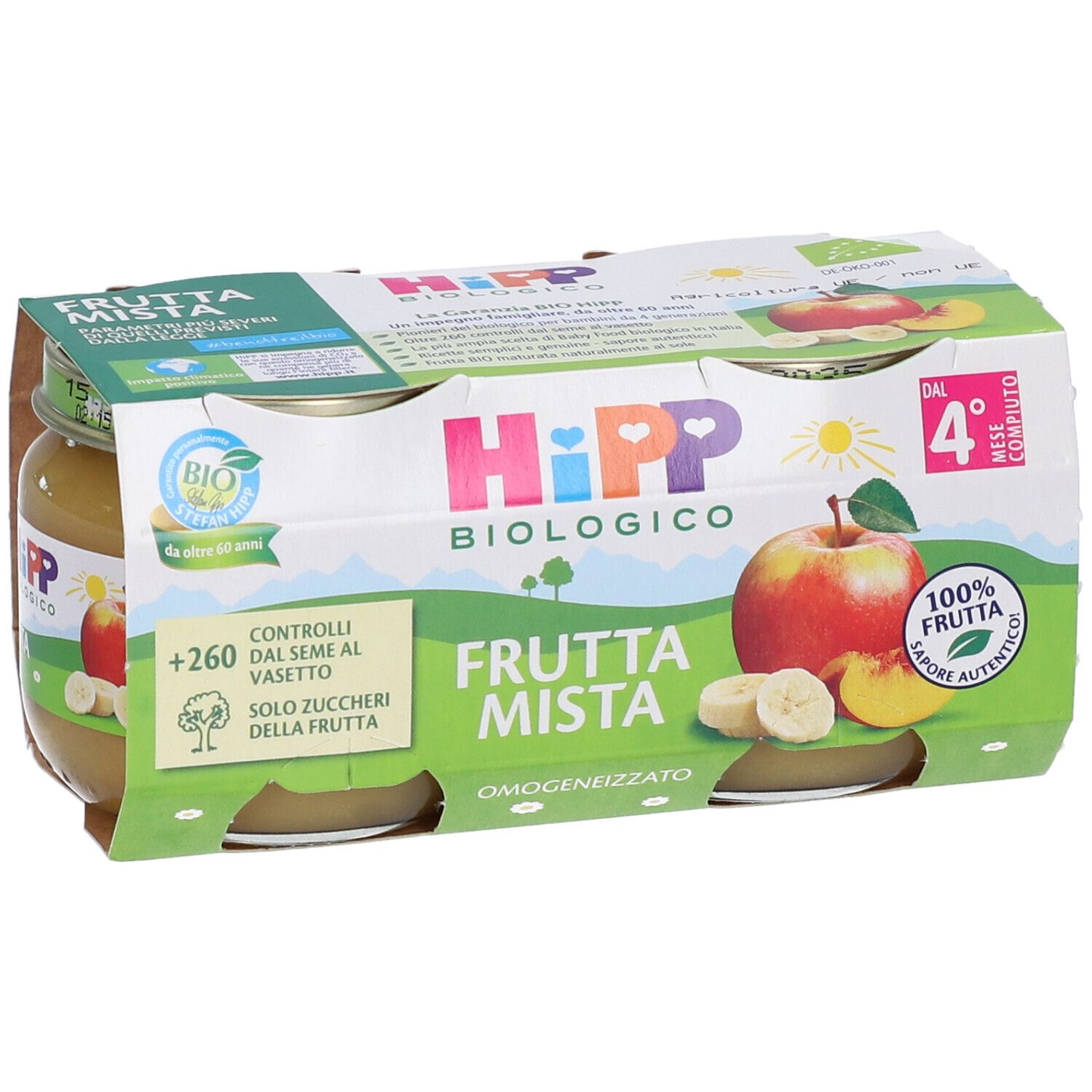 Confezione di 4 vasetti HiPP Biologico Frutta Mista. Marchi: biologico, 100% frutta, dal 4° mese. Aperta.