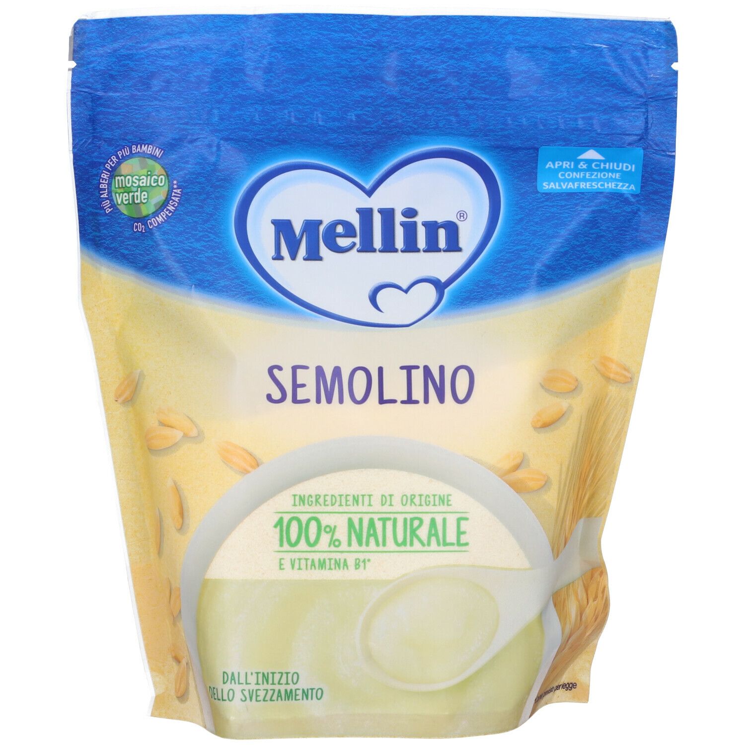 Confezione di Semolino Mellin. Imballaggio blu e giallo. Logo a forma di cuore. Testo: 100% naturale, vitamina B1.