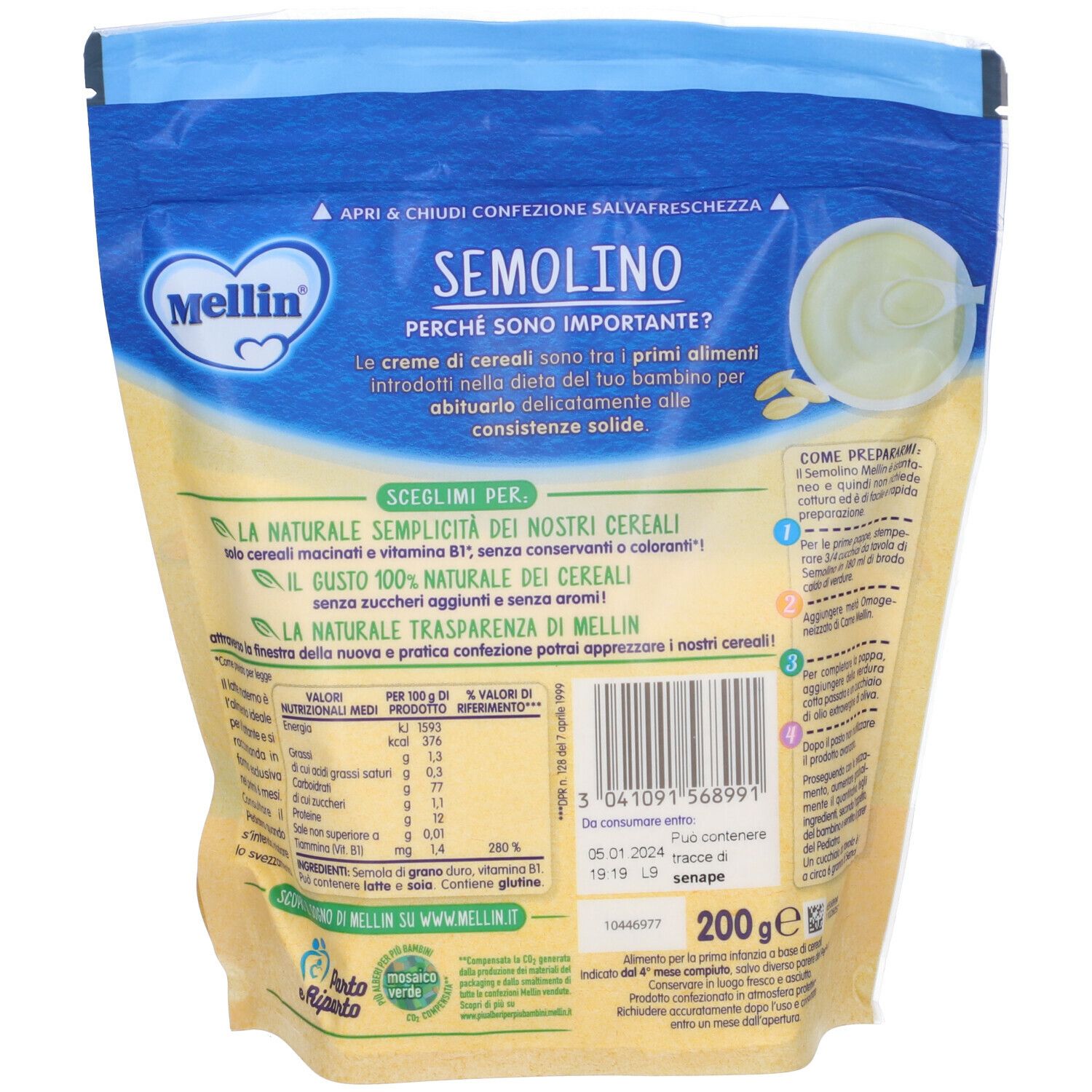 Retro della confezione di Semolino Mellin. Colori blu e giallo. Testo e informazioni nutrizionali. 200g.