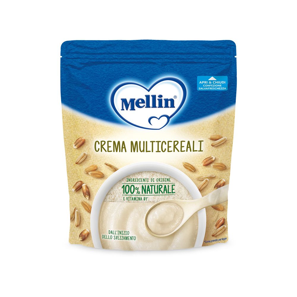 Beutel mit Mellin Multikorncreme. Aufschrift "Crema Multicereali". Abbildung einer Schüssel mit Brei und Löffel.