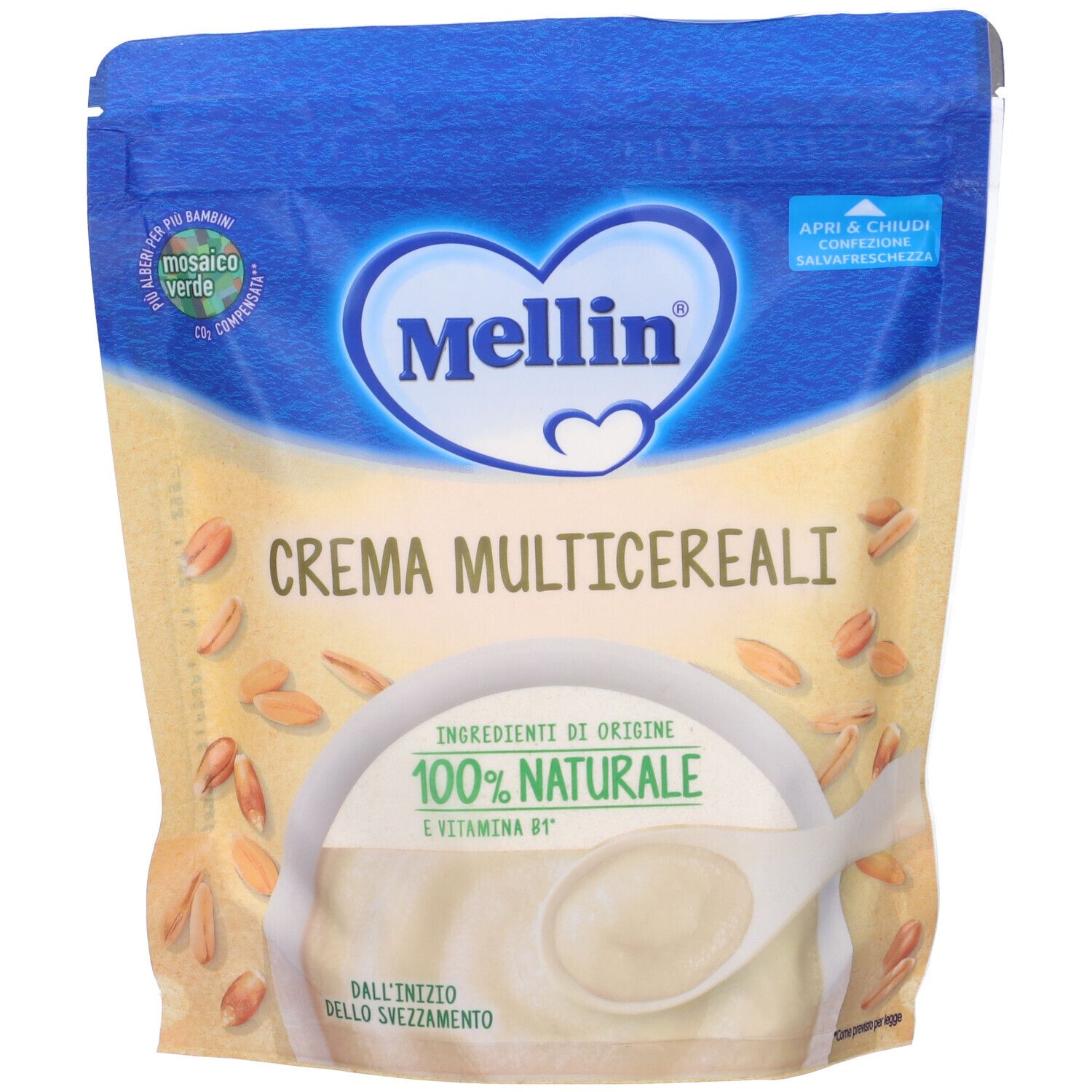 Beutel mit Aufschrift 'Mellin Crema Multicereali'. Enthält Getreideflocken und Text.
