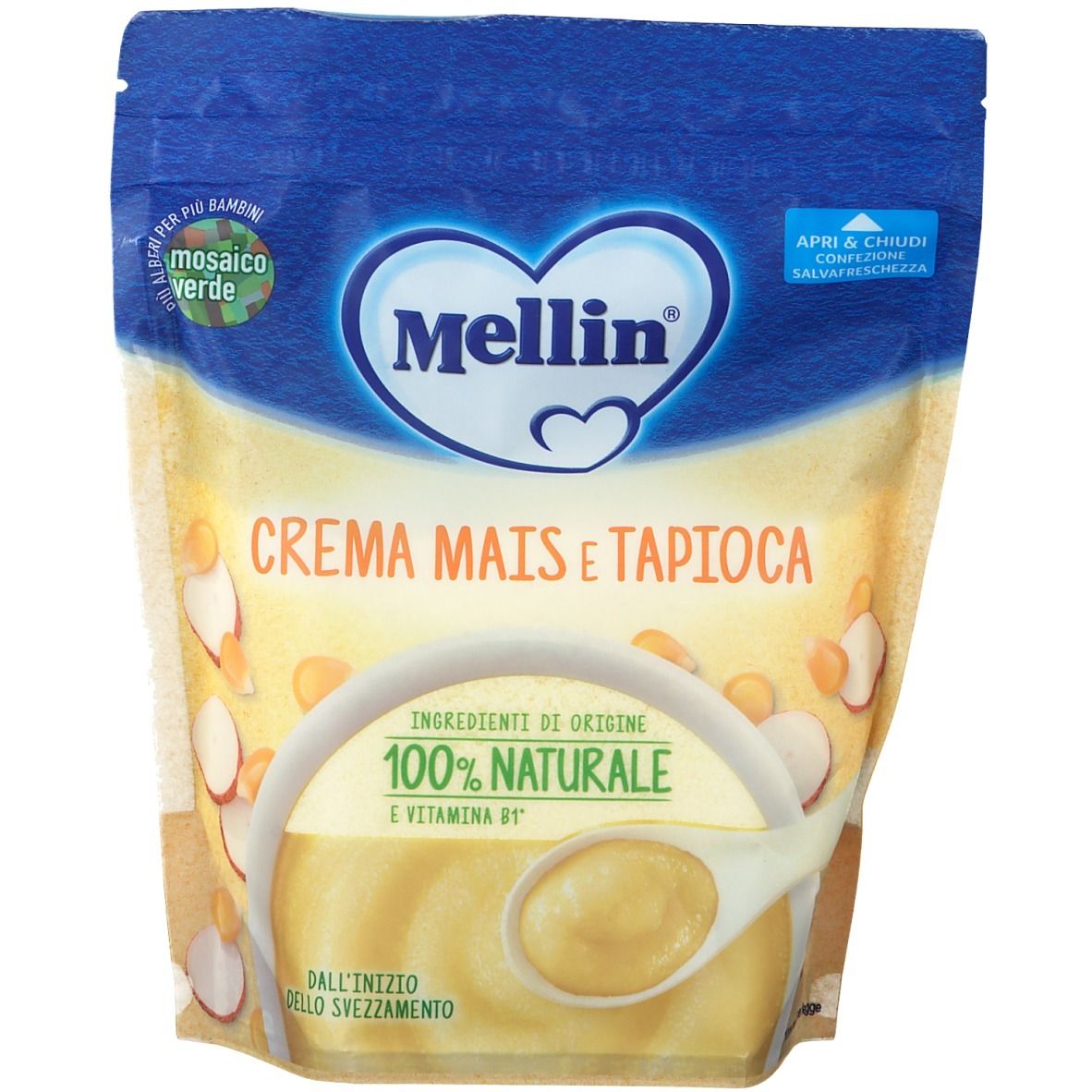 Mellin Crema Mais e Tapioca. Beutel mit Produktabbildung und Schriftzug. Aufdruck: 100% natürlich, Vitamin B1.