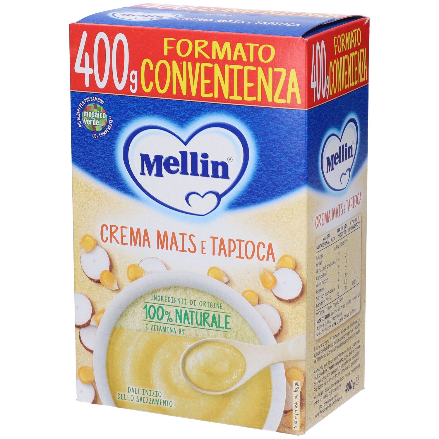 Confezione Mellin Crema Mais e Tapioca. Scatola rossa e blu con nome e logo del prodotto. Formato 400g.