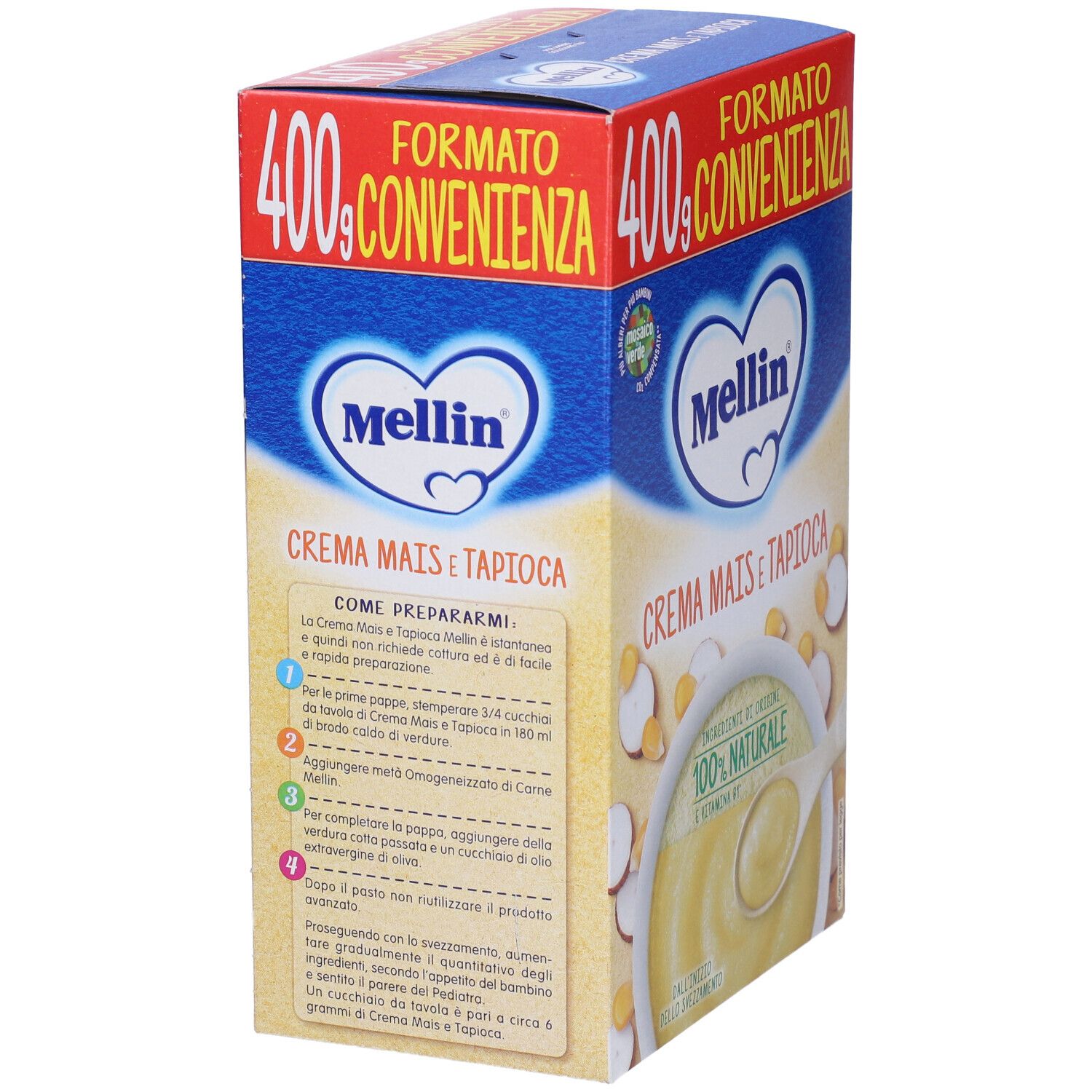 Confezione Mellin Crema Mais e Tapioca, vista laterale. Scatola blu con informazioni sul prodotto e istruzioni per la preparazione.