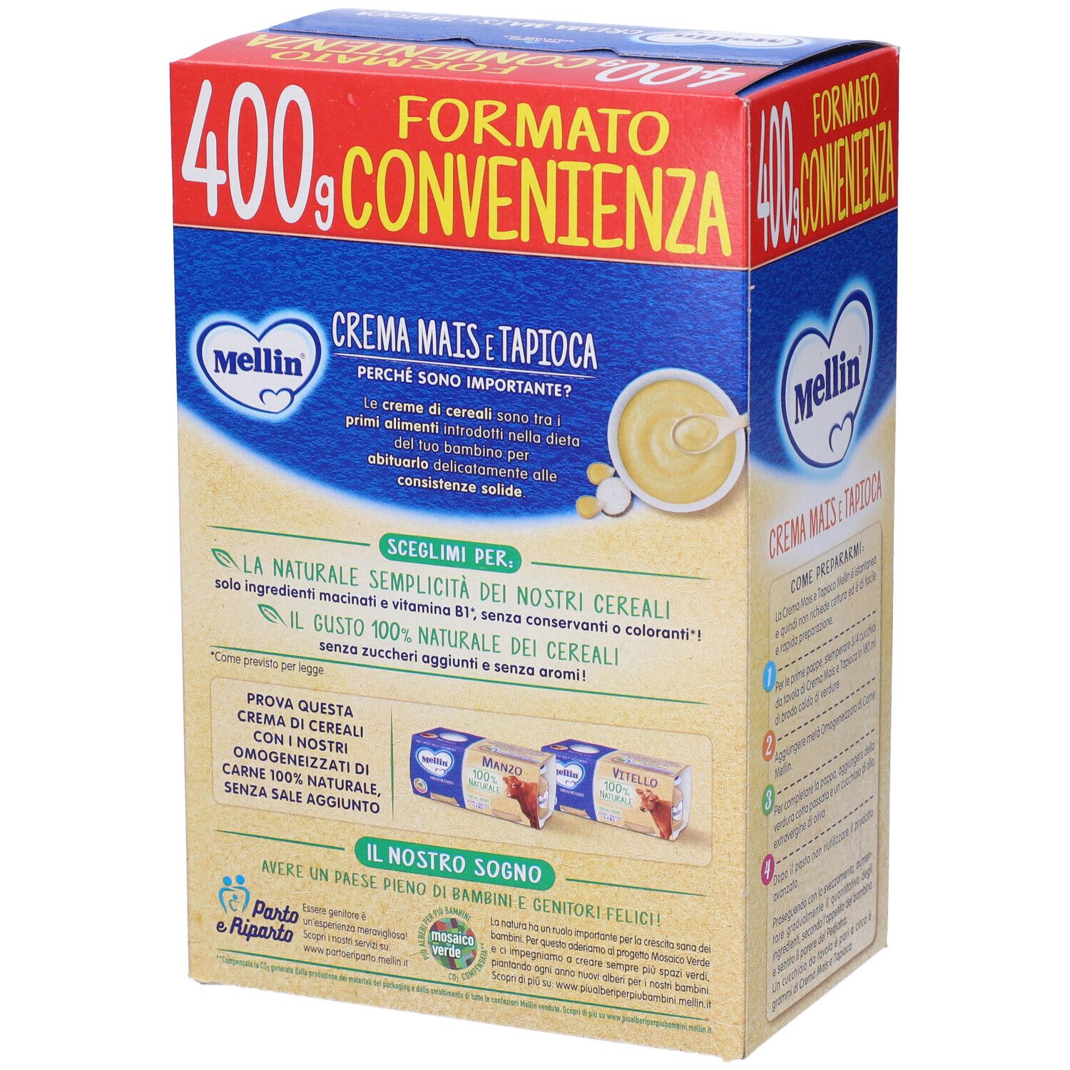 Retro della confezione Mellin Crema Mais e Tapioca. Scatola blu con informazioni sul prodotto e testo.
