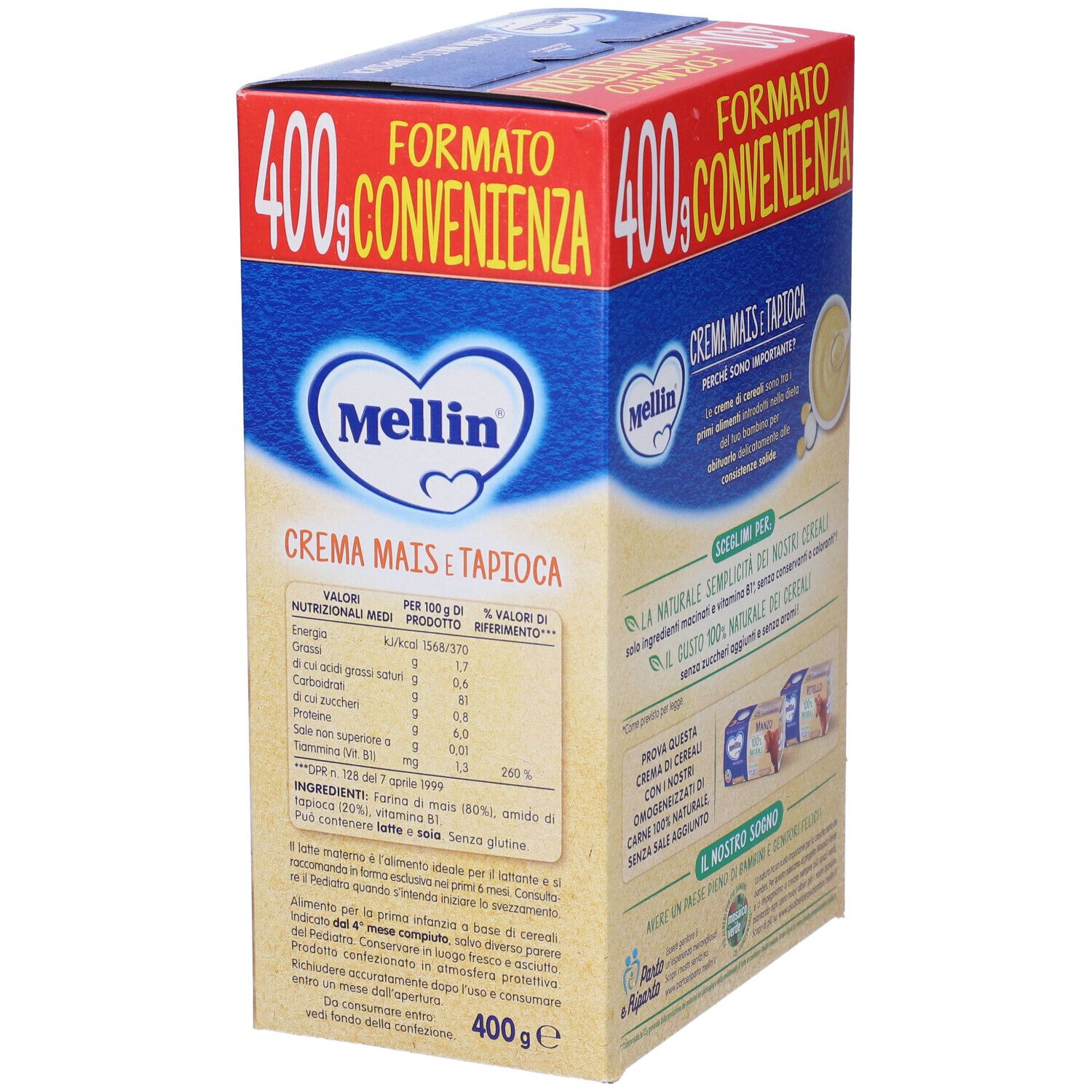 Confezione Mellin Crema Mais e Tapioca, vista laterale. Scatola blu con informazioni nutrizionali e sul prodotto.