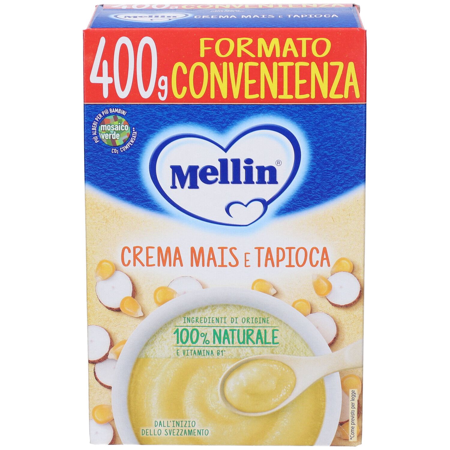 Vista frontale della confezione Mellin Crema Mais e Tapioca. Scatola blu con nome, logo e illustrazione del prodotto.