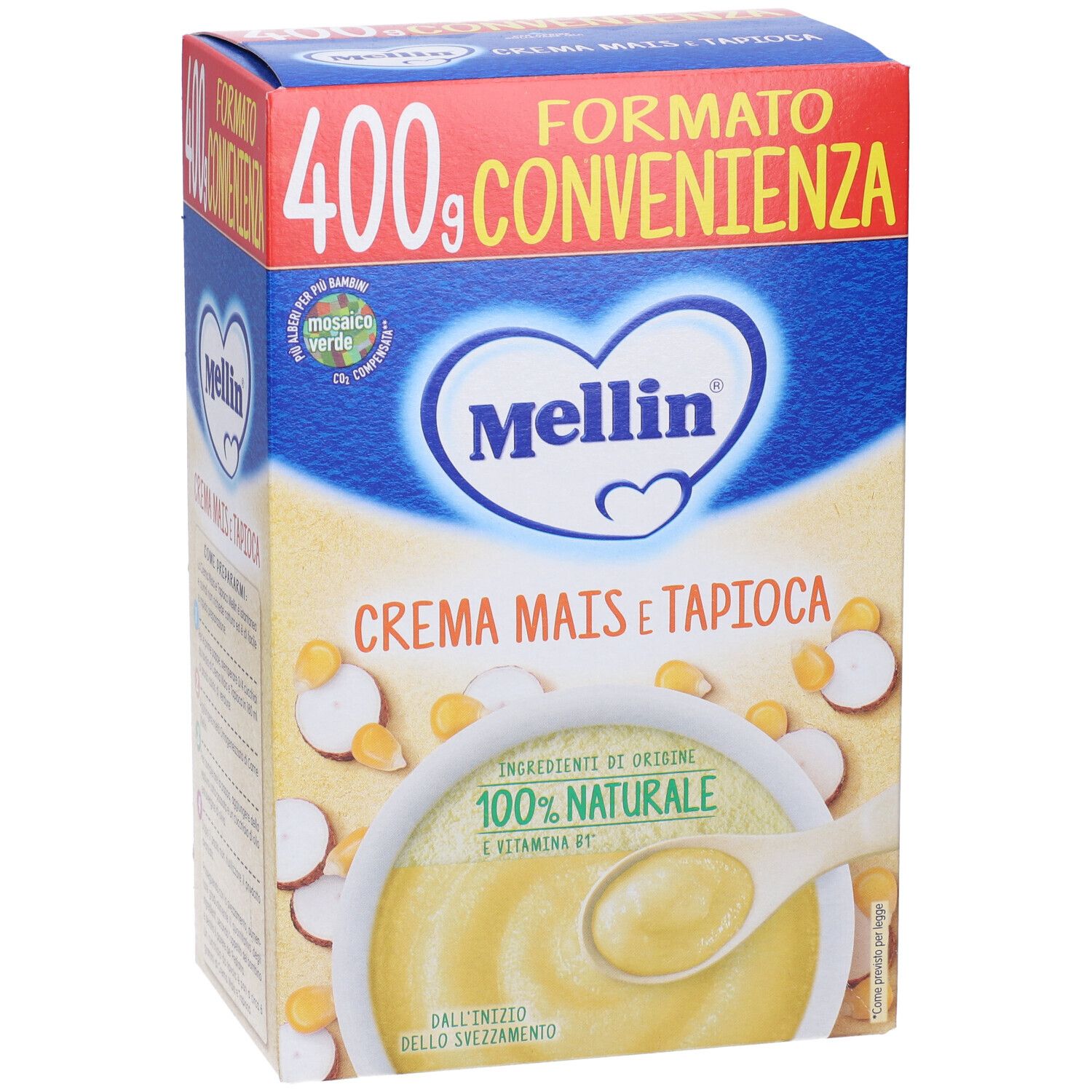 Vista frontale della confezione Mellin Crema Mais e Tapioca. Scatola blu con nome, logo e illustrazione del prodotto.
