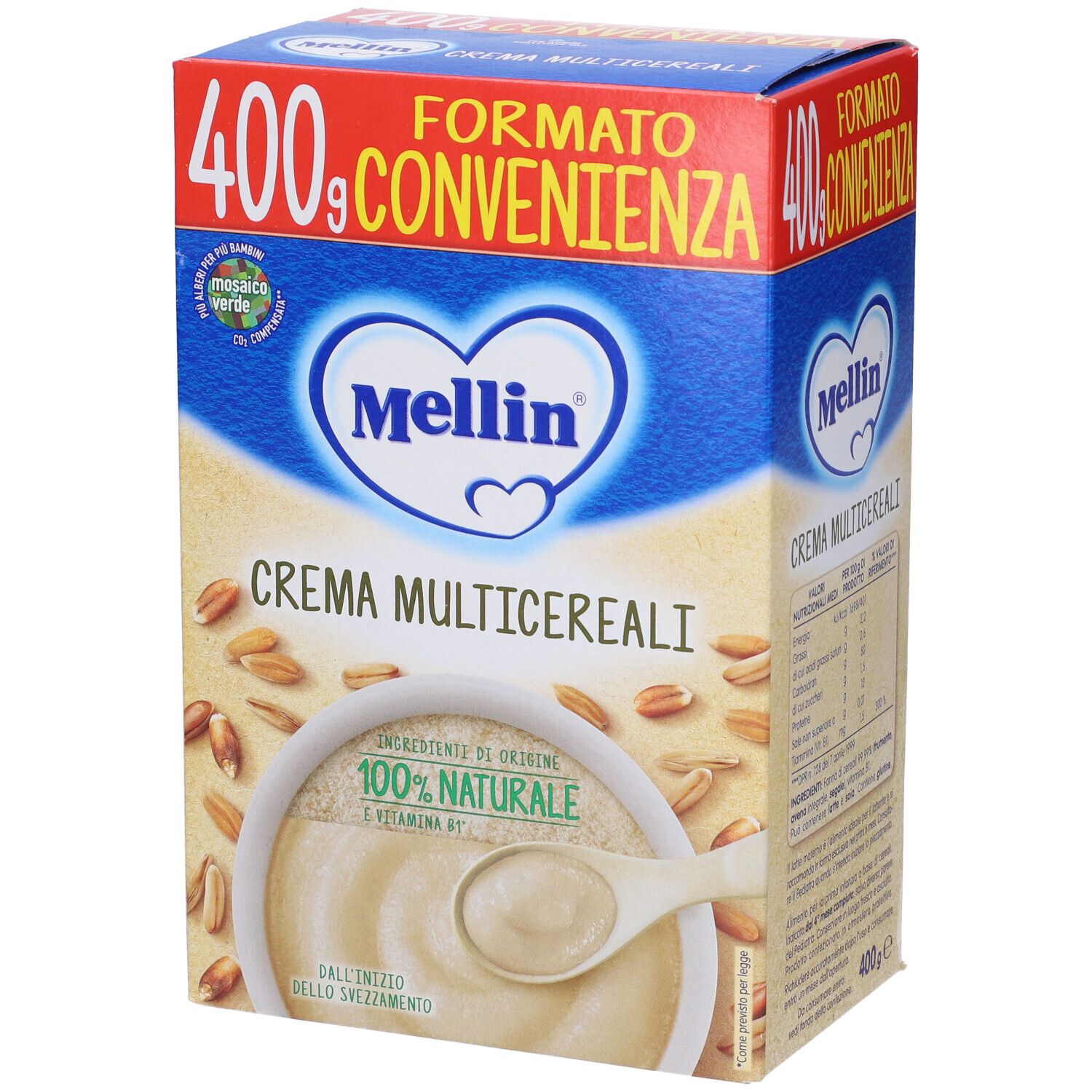 Confezione di Mellin Crema Multicereali. Scatola blu e rossa con nome del prodotto e 400g. Immagine di cereali e crema.