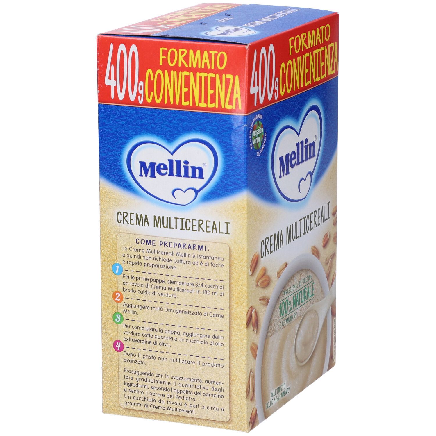 Retro della confezione Mellin Crema Multicereali. Scatola blu con istruzioni per la preparazione e ingredienti. Testo in italiano.