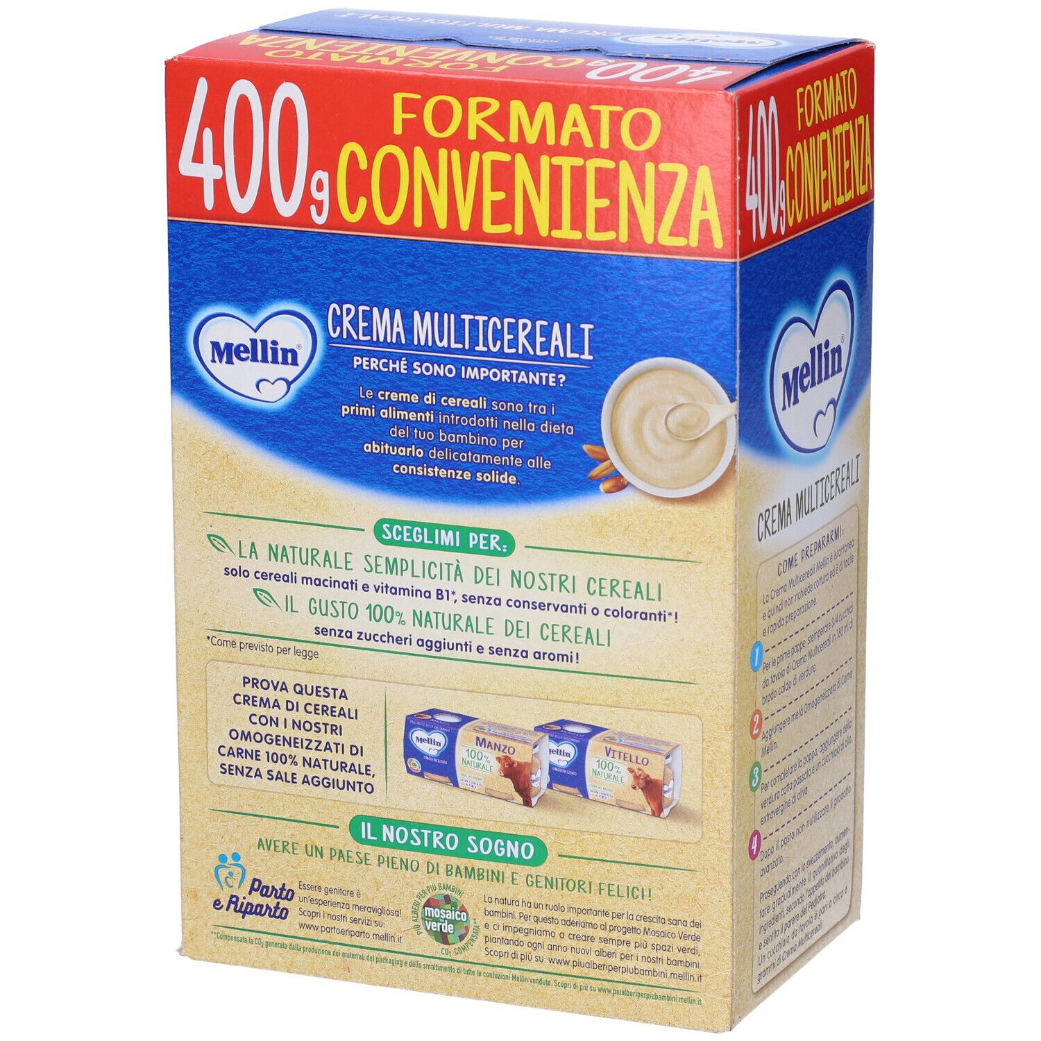 Lato della confezione Mellin Crema Multicereali. Scatola blu con informazioni sul prodotto e testo promozionale. Testo in italiano.